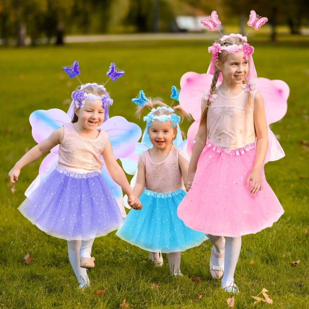 WILDPARTY Fairy Costume Set for Girls Age 3-8 - Butterfly Wings, Tutu Skirt, Hair Clips, Magic Wand & Headband - Perfect for Halloween, Dress-Up Parties & Fairy Themed Events