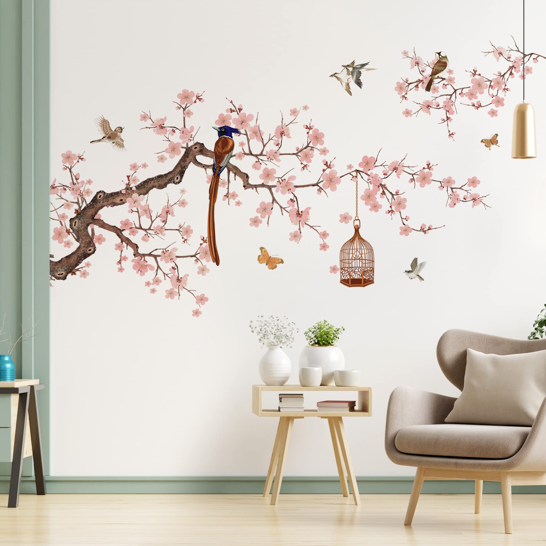 Peach Cherry Blossom Watercolor Wall Decals - Pink Flower Branch & Butterfly Vinyl Stickers | Peel & Stick Wall Art for Girls Bedroom, Nursery, Kids Room Decor | Perfect for Spring Themed Parties & Boho Home Decor DT-1031