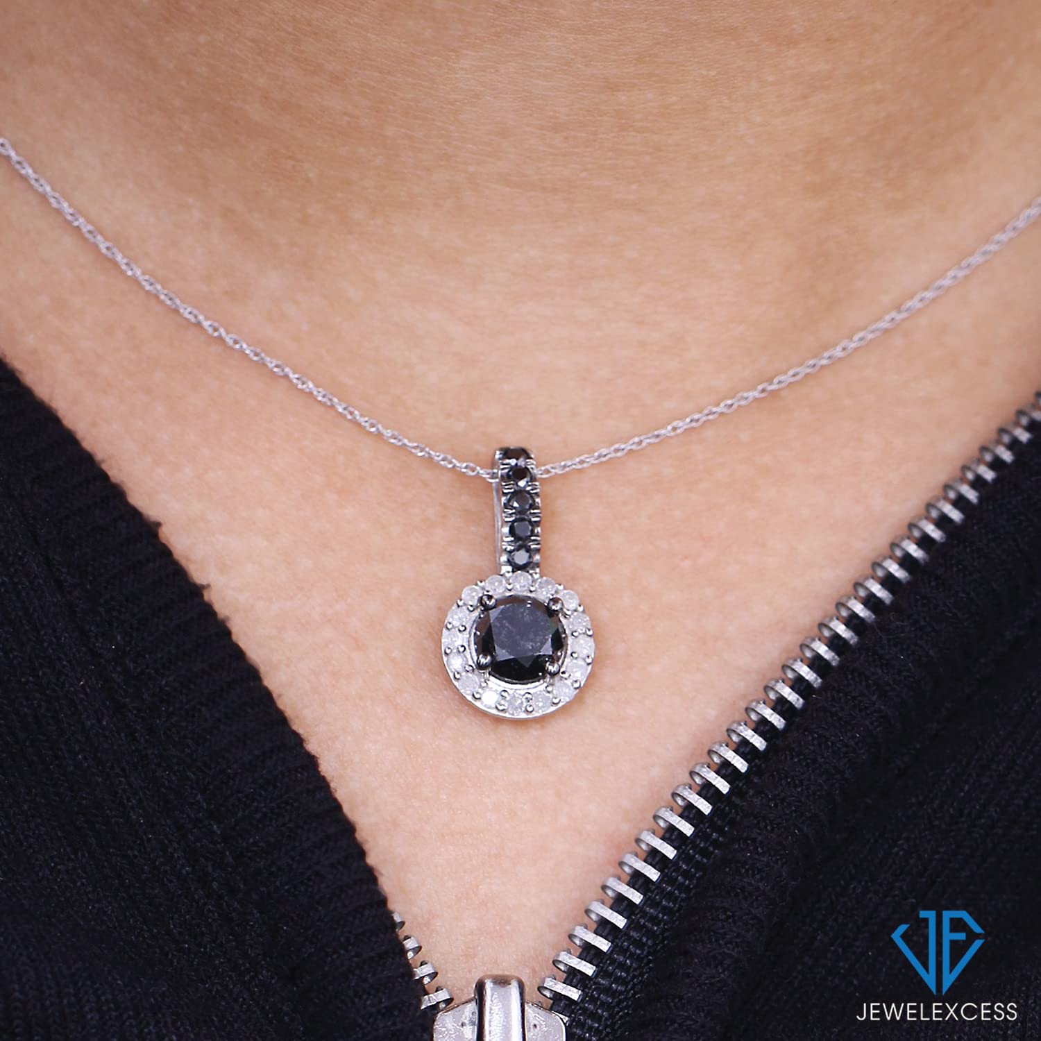 JEWELEXCESS 2.00CTW Black & White Diamond Halo Pendant Necklace for Women - Sterling Silver Diamond Jewelry - Elegant Birthday Gift for Her - Perfect for Anniversaries, Parties & Special Occasions