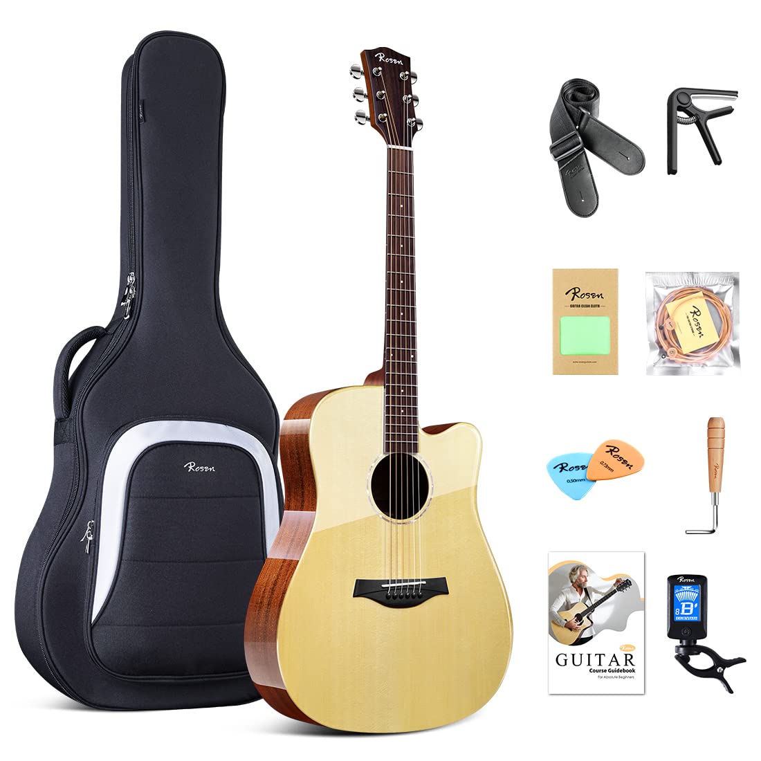 Rosen G31 Dreadnought Acoustic Guitar - 41 Inch Solid Spruce Top, Full Size Cutaway with Gloss Finish - Complete Starter Kit Includes Gig Bag, Strings, Strap & Picks - Perfect for Beginners, Campfire Singalongs & Live Performances