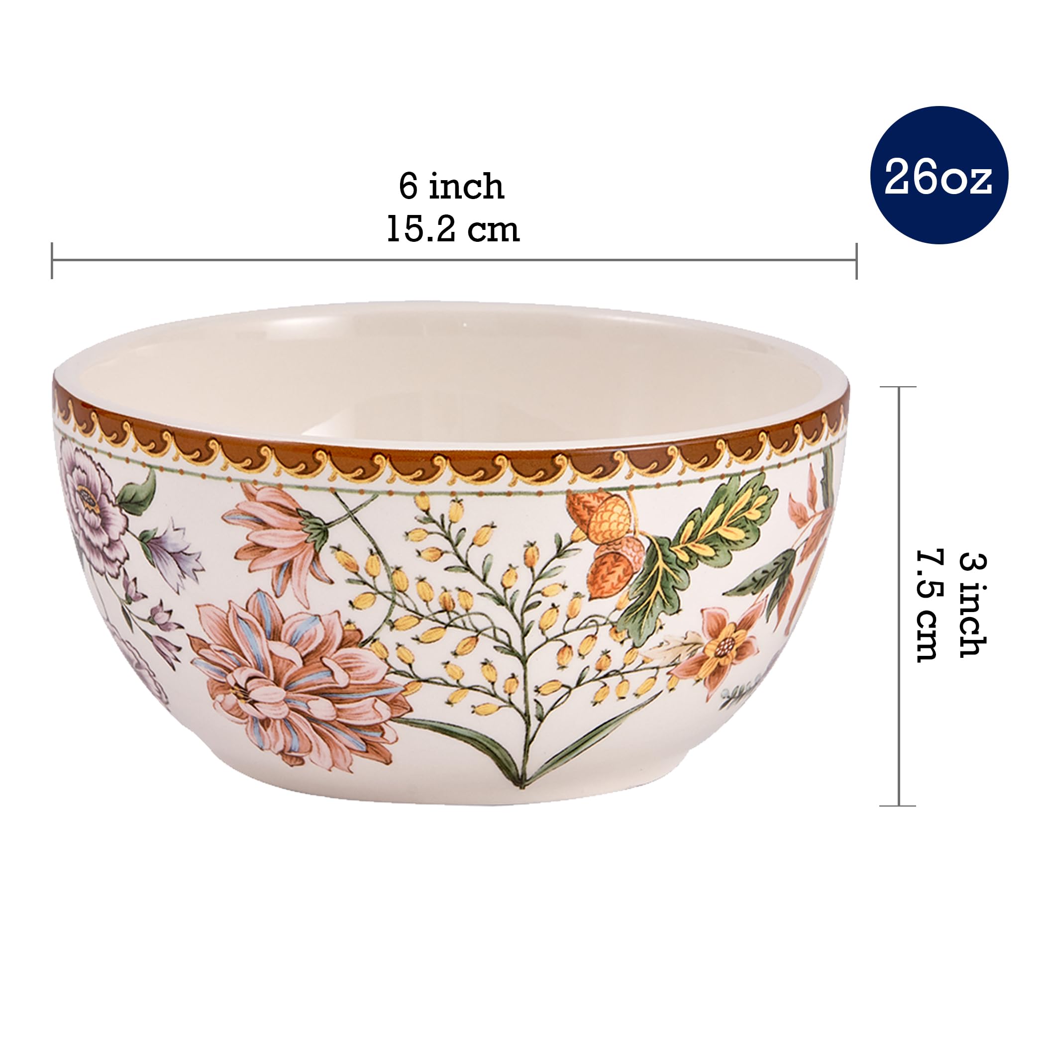 Bico Blooming Moment 26oz Ceramic Bowls Set of 4 - Microwave & Dishwasher Safe Pasta, Salad, Soup & Cereal Bowls - Perfect for Breakfast, Dining & Kitchen Serving