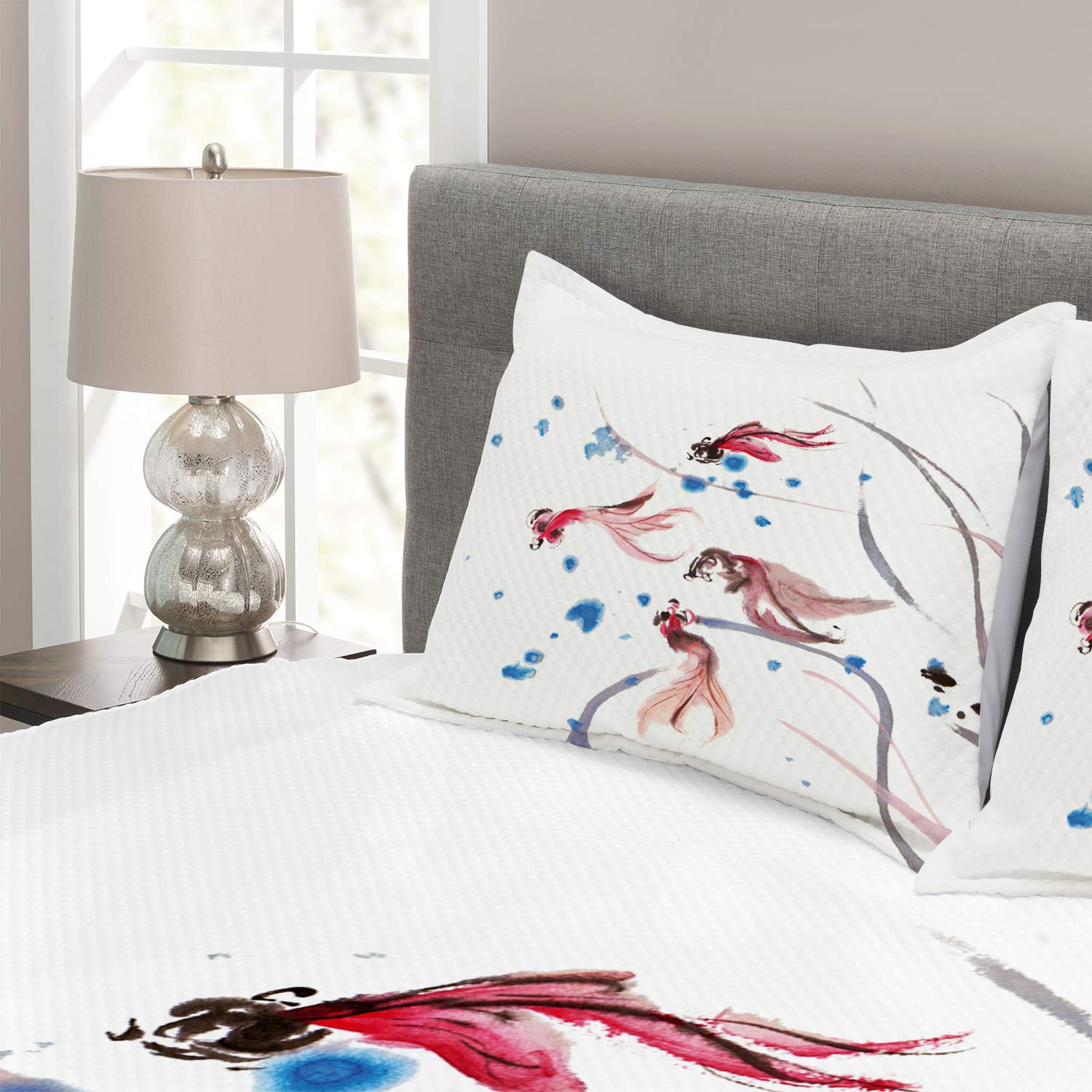 Ambesonne Ethnic Bedspread Set - Chinese Traditional Ink Painting Koi Fish Design - 3 Piece Decorative Bedding Coverlet with 2 Pillow Shams - King Size Red and Blue - Perfect for Asian-Themed Bedroom Decor, Zen Home Styling and Cultural Interior Design