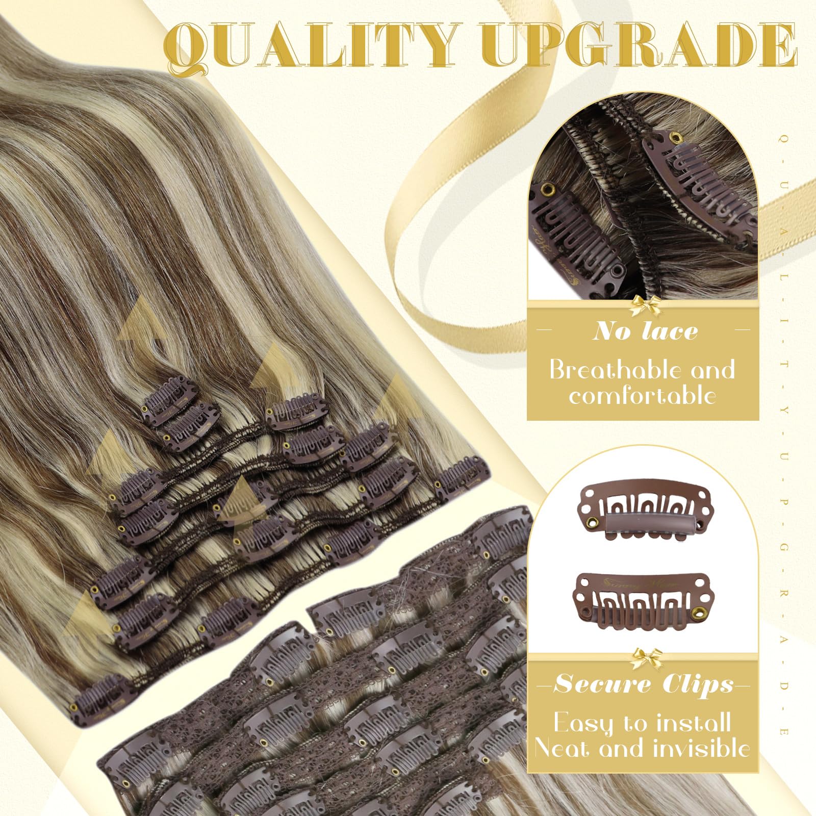 Ve Sunny 24 Inch Clip-in Human Hair Extensions - Remy Hair, Brown Blonde with Light Brown & Platinum Blonde Highlights (7pcs, 120g) for Everyday Styling & Special Occasions