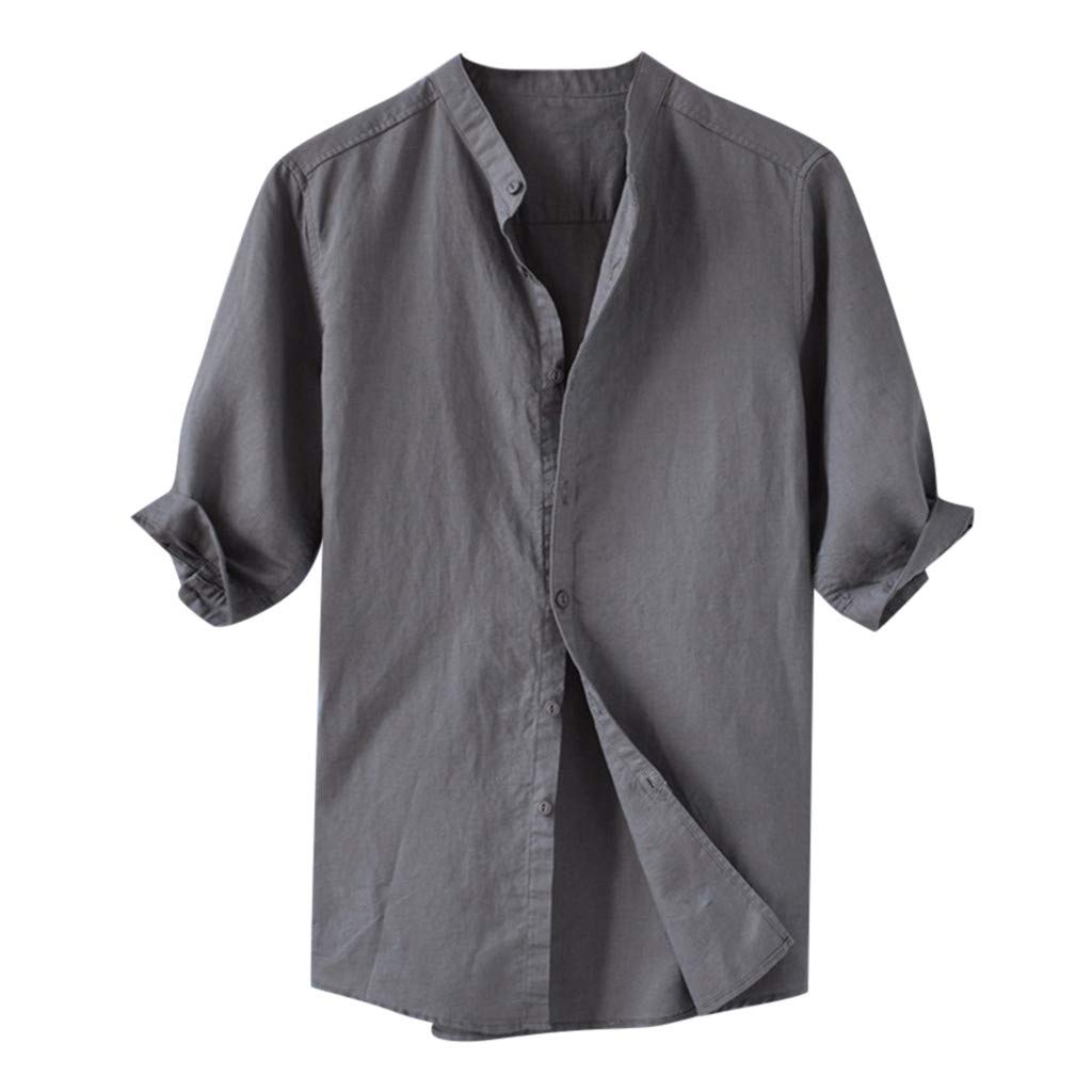 iCJJL Men's Casual Short Sleeve Linen Shirt - Summer Banded Collar Button Down Shirt, Regular Fit Solid Beach T-Shirt Top for Outdoor, Travel & Vacation Wear