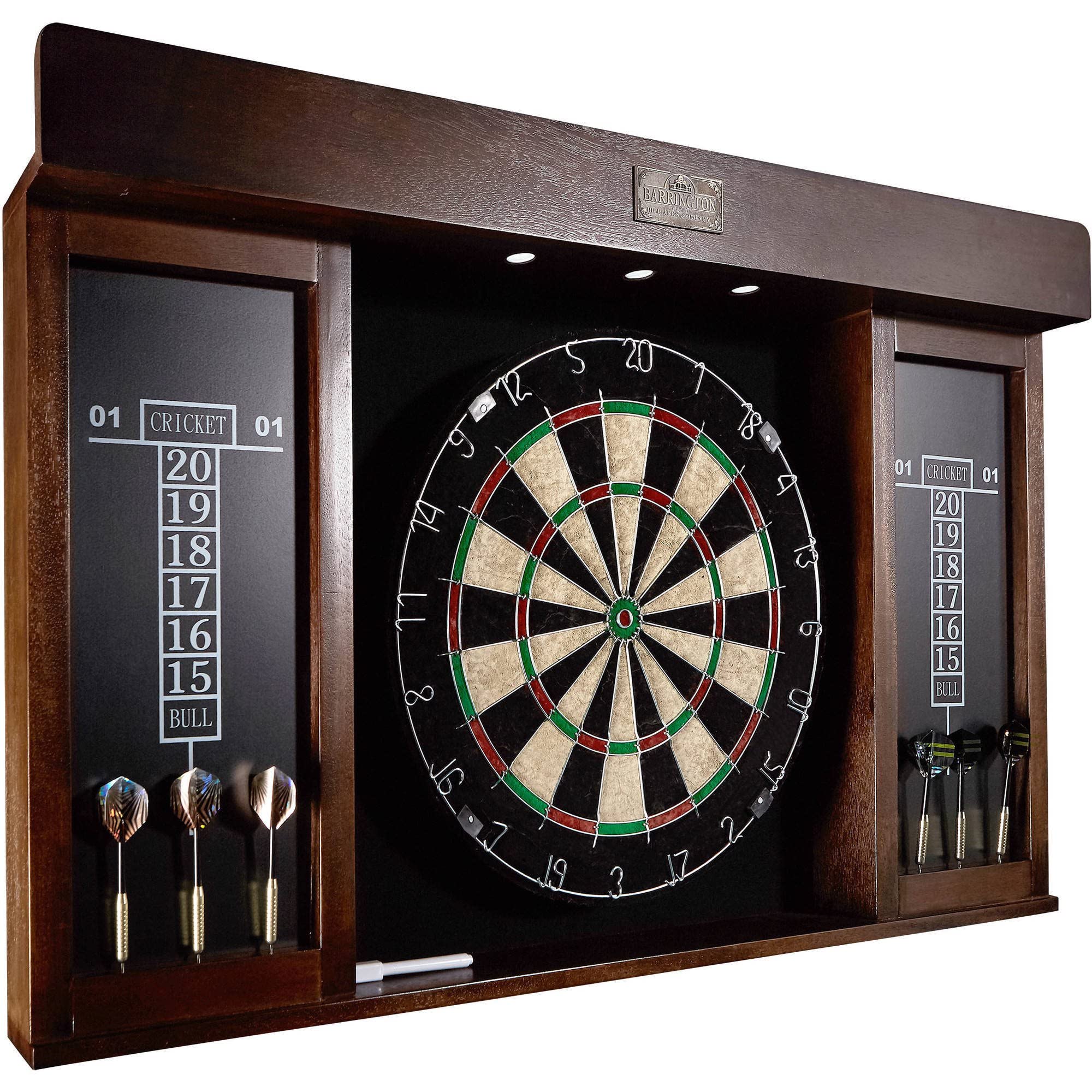 40 Inch Wooden Dartboard Cabinet Set with LED Lights - Large Dart Board for Adults, Includes 6 Steel Tip Darts (Brown/Black) - Perfect for Home Bar, Game Room, Playroom, and Man Cave Entertainment