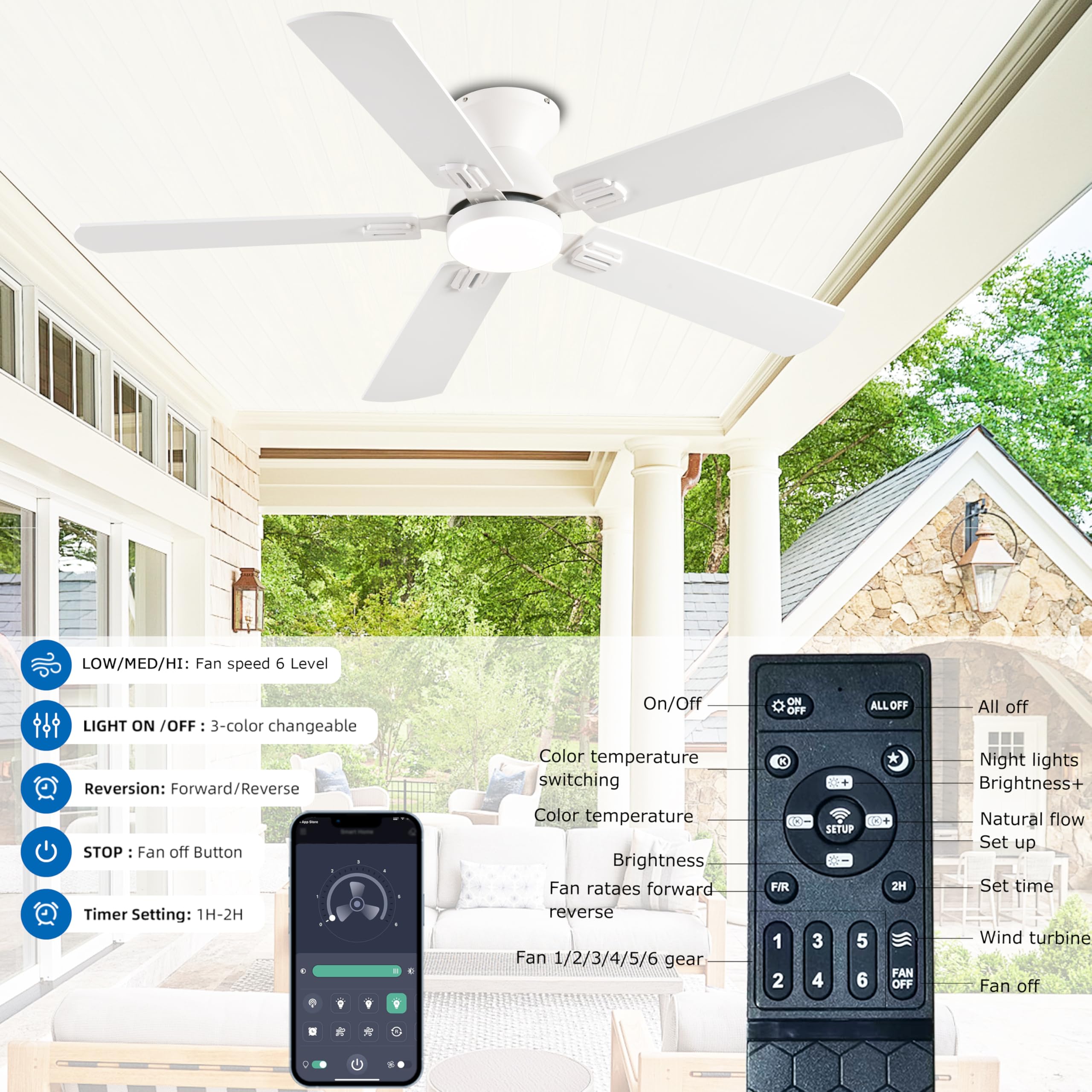 52 Inch White Low Profile Ceiling Fan with Lights, Remote Control & Smart App - Dual-Sided Blades, 3CCT Dimmable LED, Ultra Quiet Flush Mount - Perfect for Bedroom, Living Room, Patio and Indoor/Outdoor Spaces