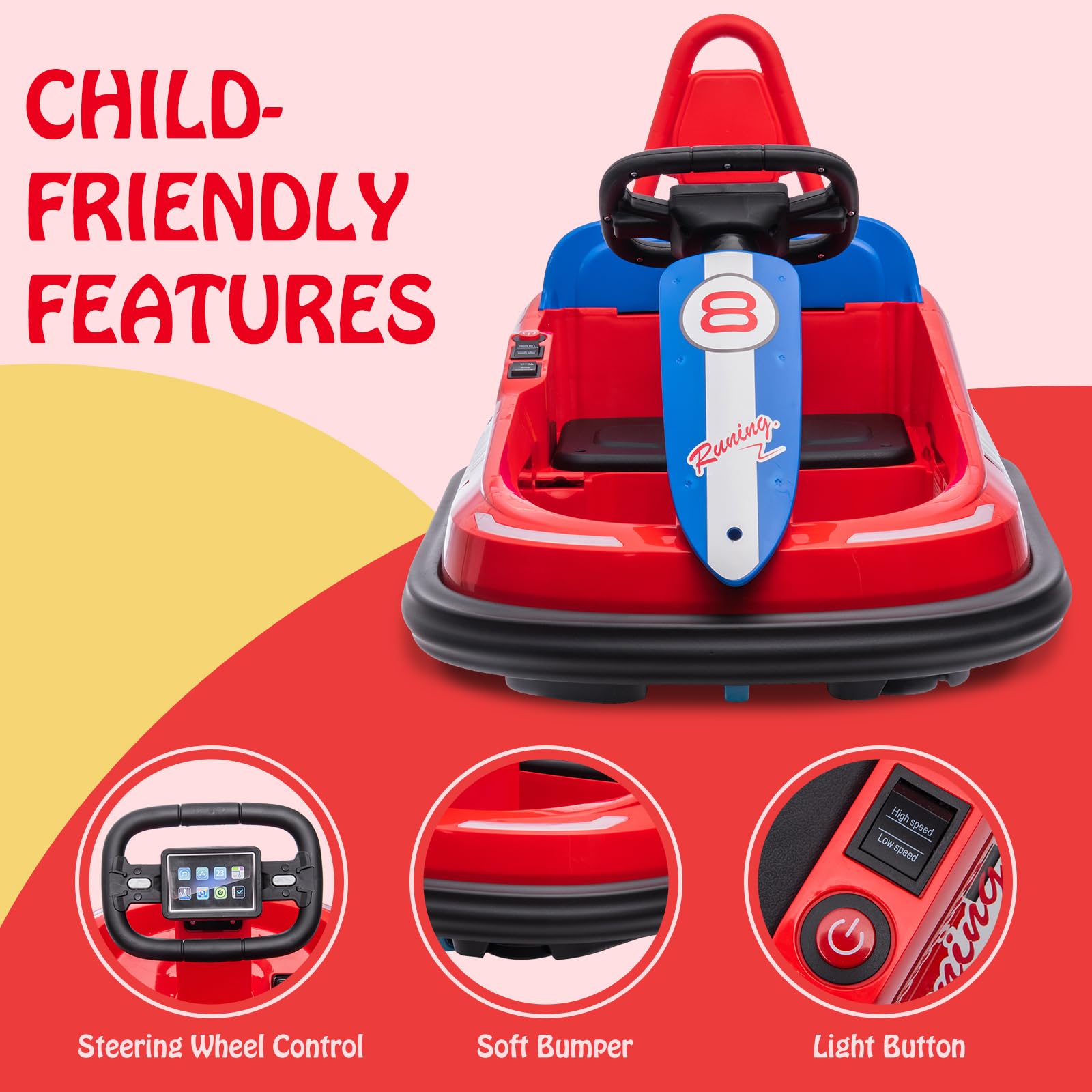 Hetoy 6V Electric Bumper Car for Toddlers - Kids Ride-On Toy with 360° Spin, 2 Speeds (1.9 MPH Max), Steering Wheel, Lights, Music & Horn - Perfect Birthday Gift for Boys & Girls Ages 2-6 (Bright Red) - Indoor/Outdoor Play, Backyard Fun, Preschool Activity Toy