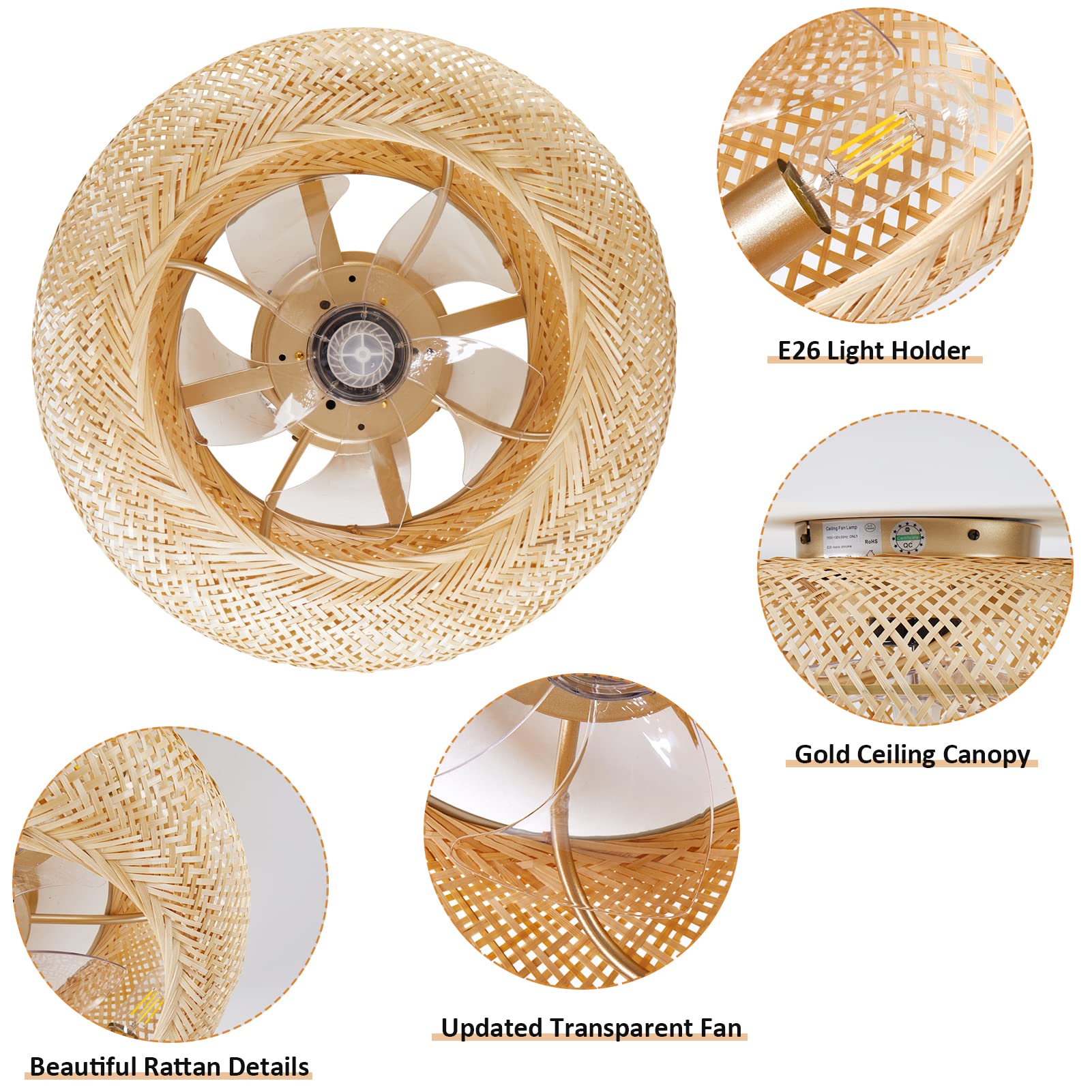 Boho Rattan Ceiling Fan with Lights and Remote Control - 20