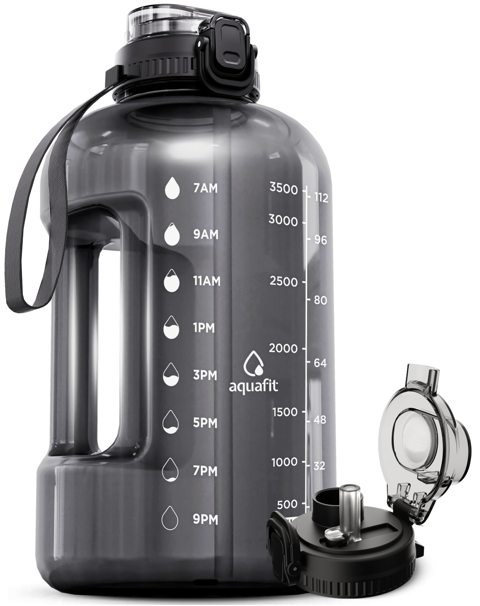 AQUAFIT 1 Gallon Water Bottle with Time Marker - 128oz BPA Free Large Water Jug with 2-in-1 Straw & Chug Lid, Handle for Gym, Workout & Outdoor Activities - Motivational Water Bottle for Hydration Tracking (Gray)