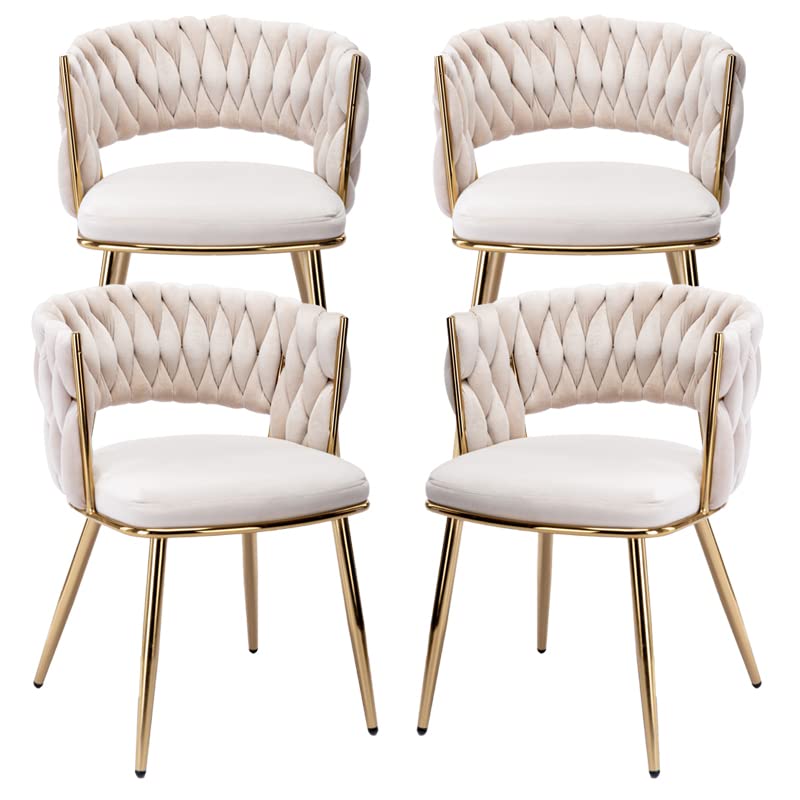KCC Modern Velvet Dining Chairs Set of 4 - Upholstered Living Room Chairs with Woven Back & Gold Metal Legs - Mid Century Accent Side Chairs for Dining Room, Kitchen, Office - Soft Beige Velvet Fabric - Perfect for Home Decor, Entertaining Guests & Comfortable Seating