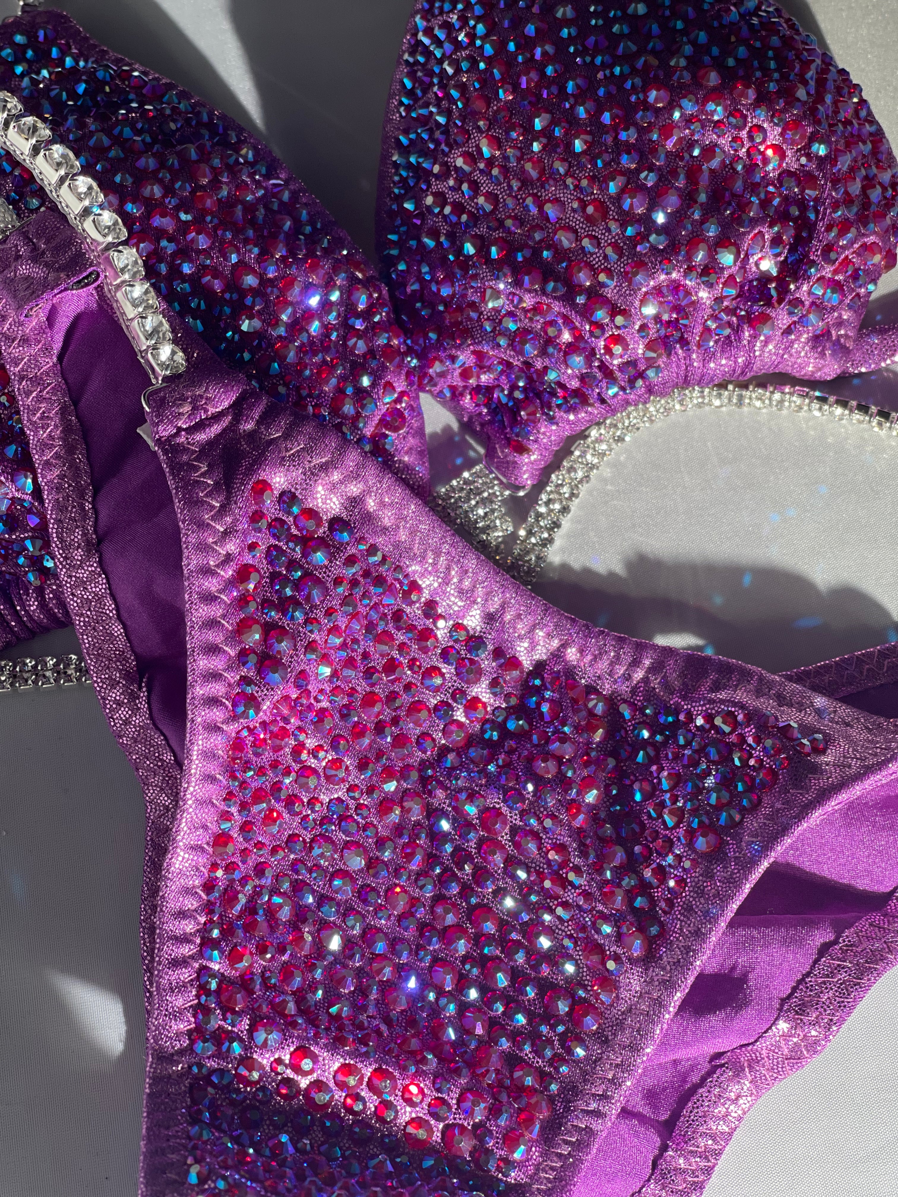 Lavender Lilac Purple Bikini Competition Swimsuit with Stunning Crystal Rhinestone Back - Perfect for Beach, Pool, and Pageant Events