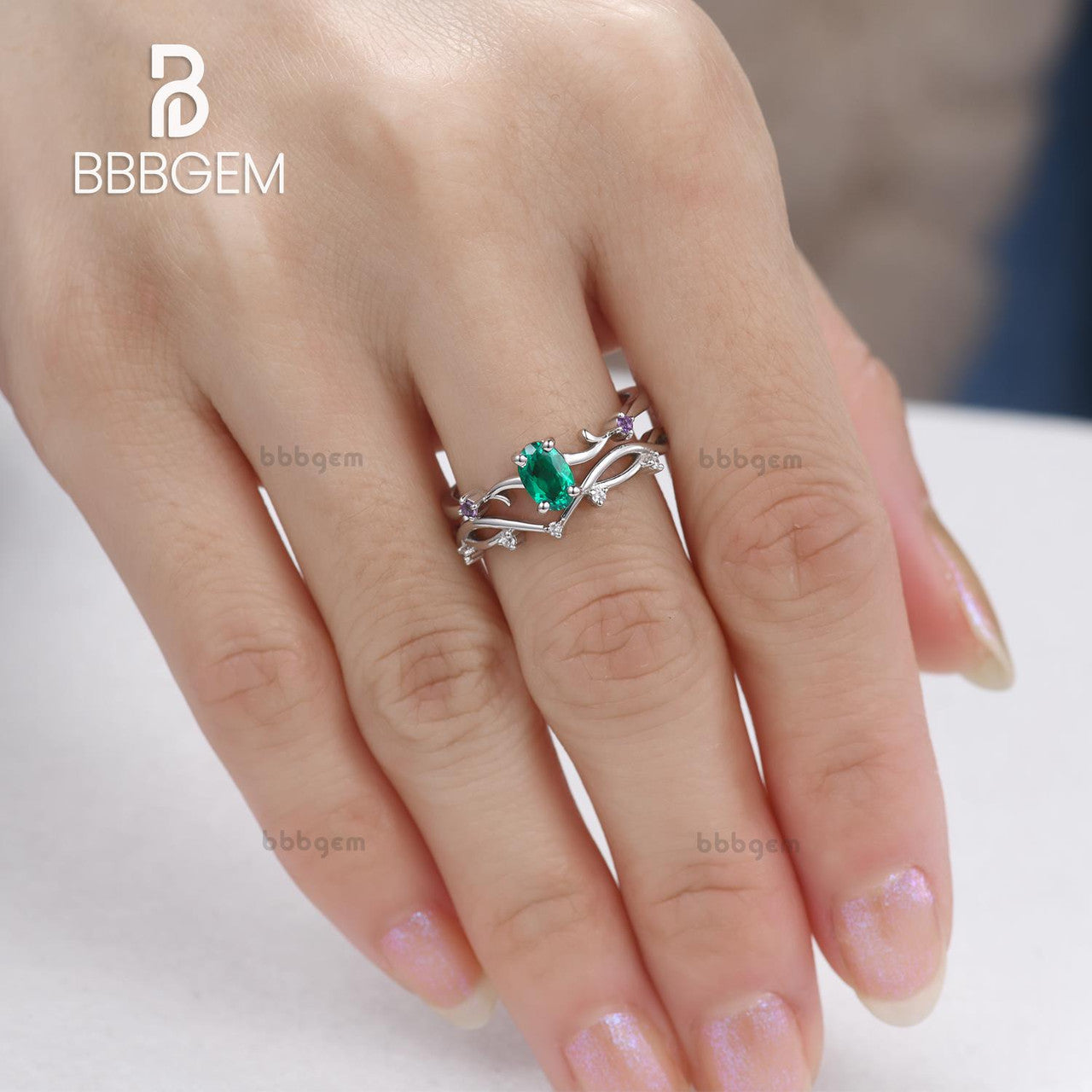 Vintage Emerald Amethyst Twig Engagement Ring Set - 14K White Gold Branch Wedding Ring for Women - Perfect for Proposals, Anniversaries & Romantic Occasions