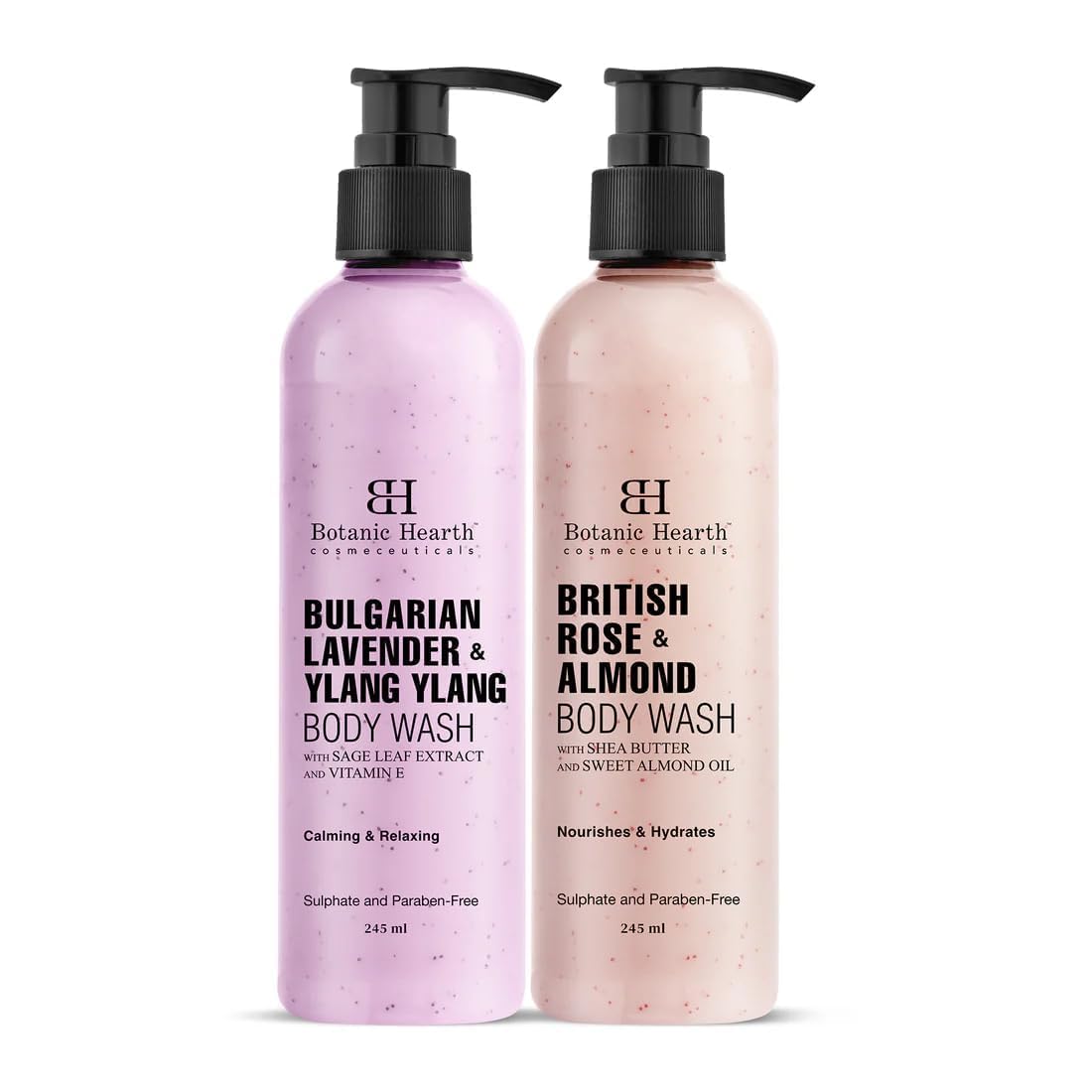 Bottaanic Hearth British Rose & Almond Body Wash and Bulgarian Lavender & Ylang Ylang Body Wash - 2 Pack Set for Relaxing Bath & Shower - Luxury Scented Body Cleanser for Dry & Sensitive Skin - Perfect Gift for Women & Men