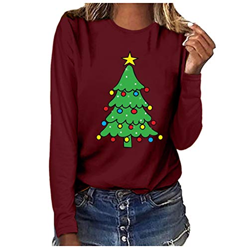 Women's Christmas Tree Graphic Long Sleeve Pullover Sweatshirt - Funny Holiday Novelty Printed Top for Casual Wear, Xmas Parties & Family Gatherings