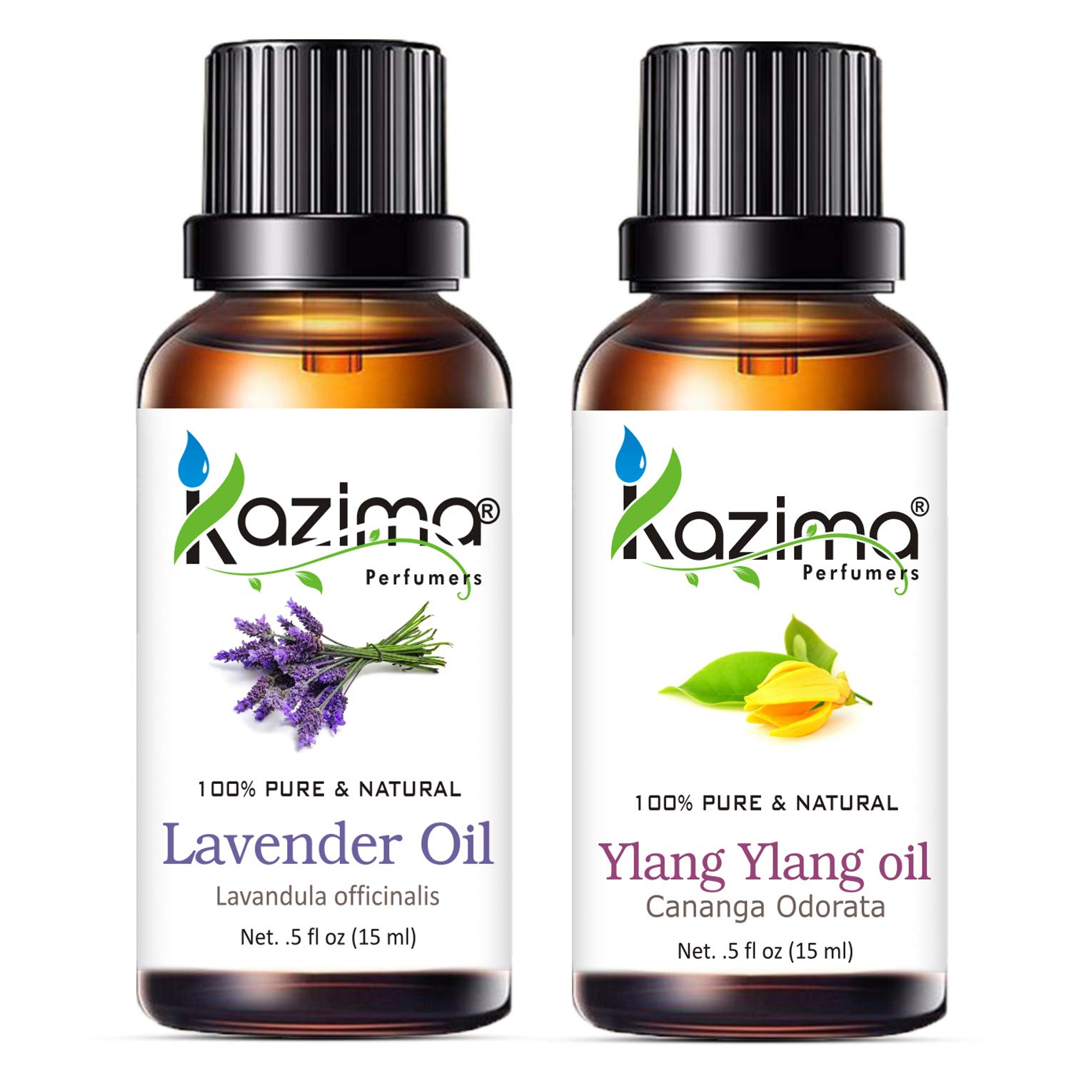 KAZIMA 100% Pure Lavender & Ylang Ylang Essential Oil Set - 15ml Each for Aromatherapy, Massage, Hair Growth & Wellness | Perfect for Diffusers, Bath & Relaxation