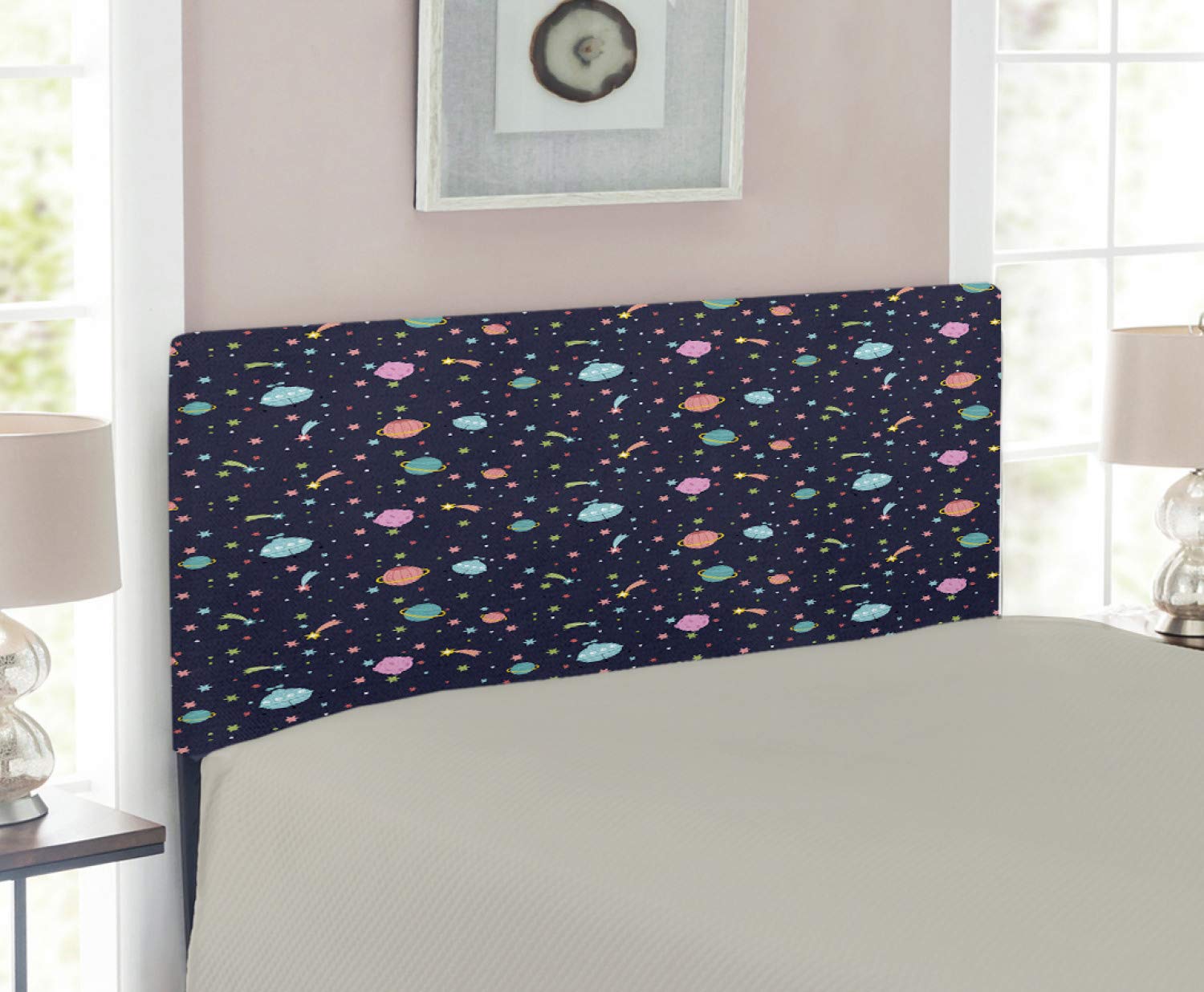 Ambesonne Space Themed Twin Size Headboard - Alien Planets, Shooting Stars, Polka Dot Galaxy Design with Memory Foam | Upholstered Decorative Metal Bed Frame for Kids Room, Teen Bedroom & Space Lovers