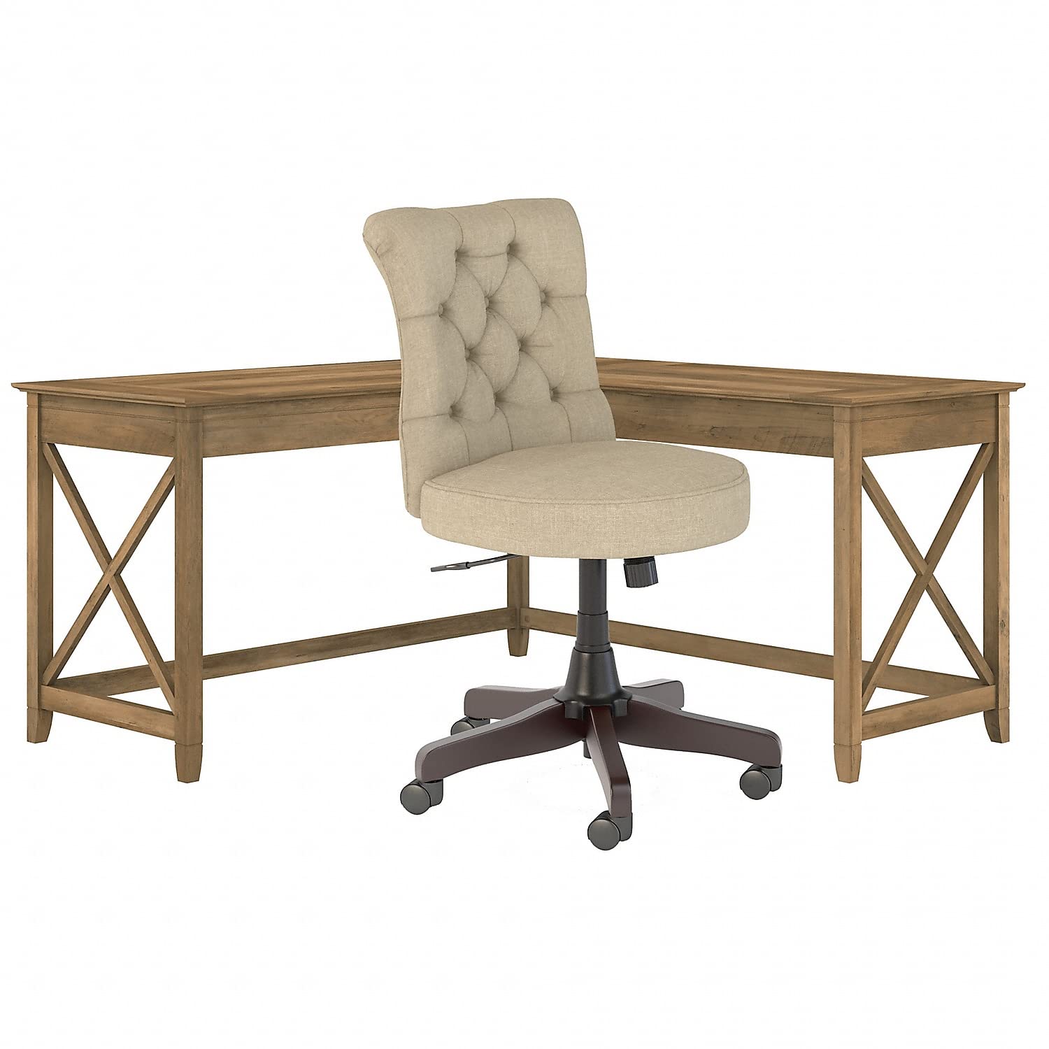 Bush Furniture Key West L-Shaped Desk with Mid-Back Tufted Office Chair - 60W Reclaimed Pine Wood - Home Office, Gaming & Study Workstation