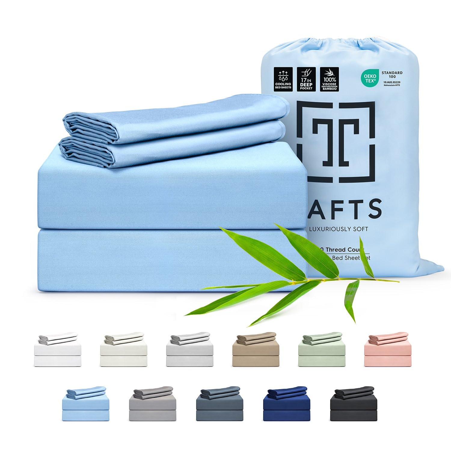 Tafts Queen Sheets Set - 100% Bamboo Viscose Bedding, Ultra Soft & Cooling, Double Stitched for Durability (Sky Blue) | Perfect for Hot Sleepers & Luxury Bedroom Decor