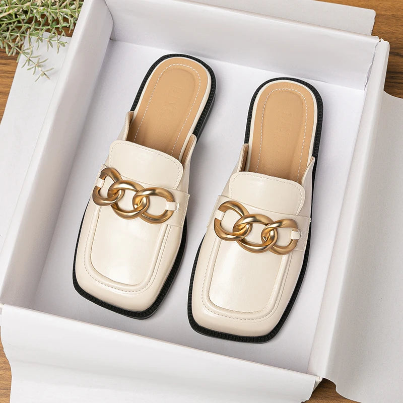 2023 British Style Women's Flat Slippers with Metal Chain Design - Comfortable Casual Mules for Party & Work Wear (Sizes 41-43) | Perfect for Office, Home & Evening Events