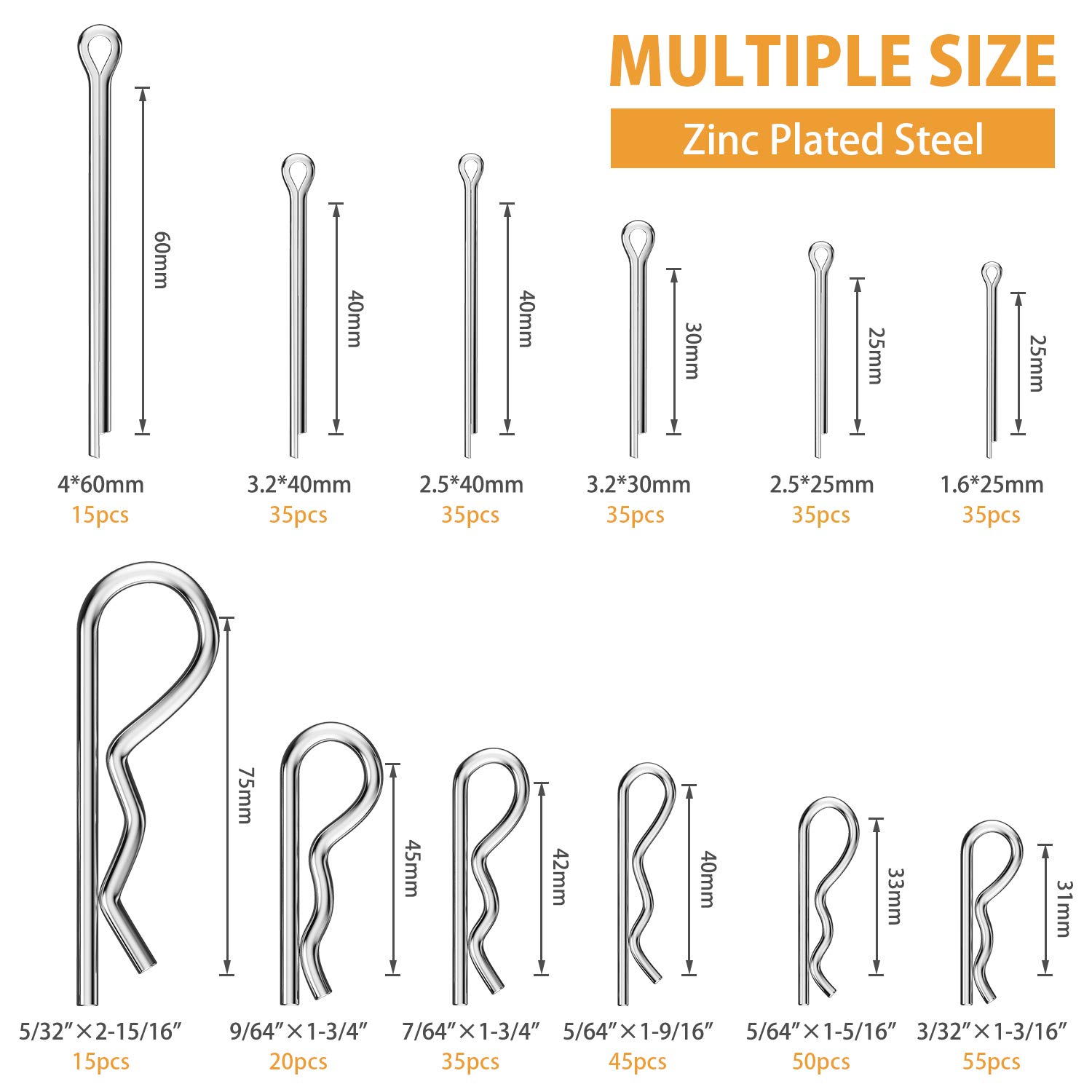 410Pcs Cotter Pins Assortment Kit - Zinc Plated Steel Hitch Pin R Clips with Plier for Trailer, Truck, Lawn Mower - Heavy Duty Fasteners for Automotive, Machinery & DIY Repairs