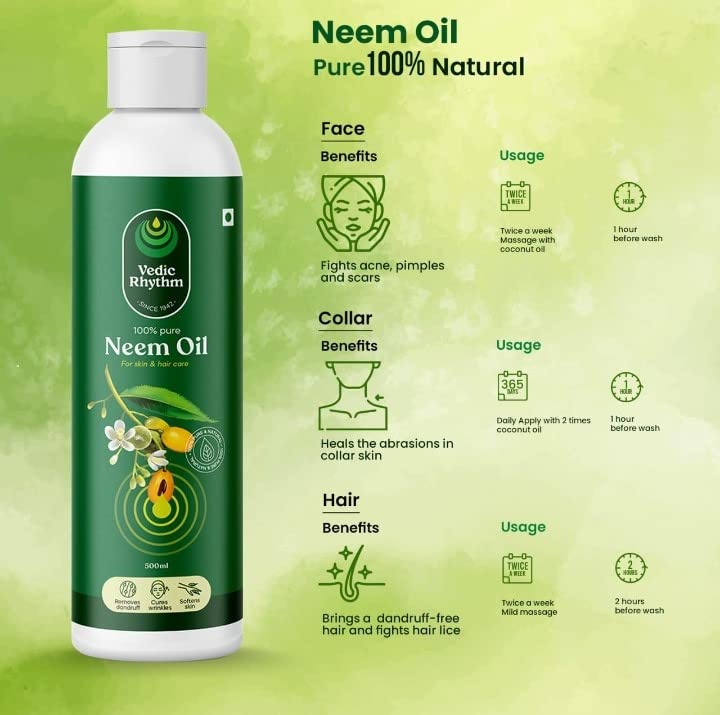 Vedic Rhythm Neem Oil 100ml - Cold Pressed 100% Pure First Extraction for Hair, Skin & Body Care | Organic Ayurvedic Treatment for Acne, Dandruff & Dry Skin | Perfect for Daily Skincare & Hair Growth Routine