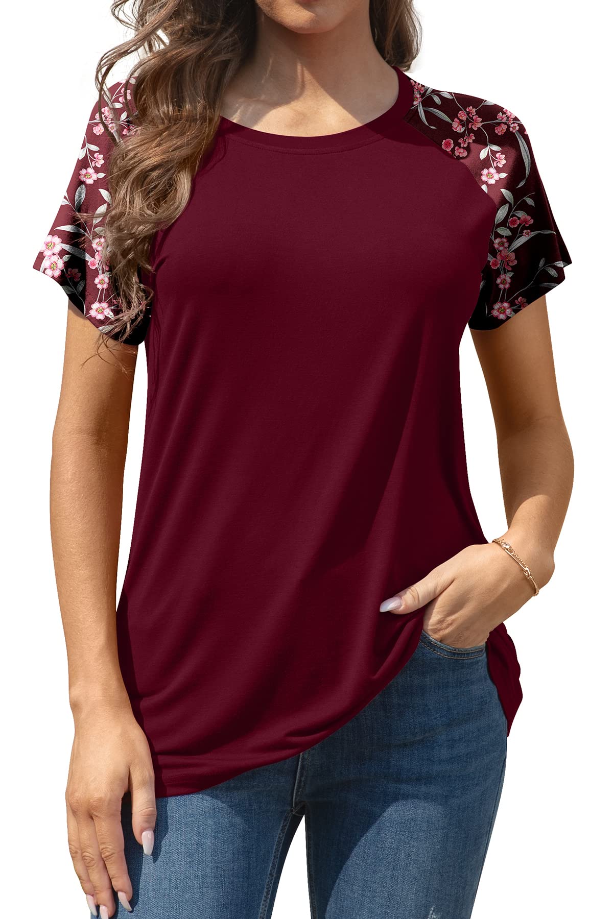 AYIFU Women's Summer Tops - Floral Print Short Sleeve Raglan Tee Shirts, Casual Crew Neck Tunic Blouse for Women | Perfect for Beach Outings, Weekend Brunch & Summer Vacation Outfits