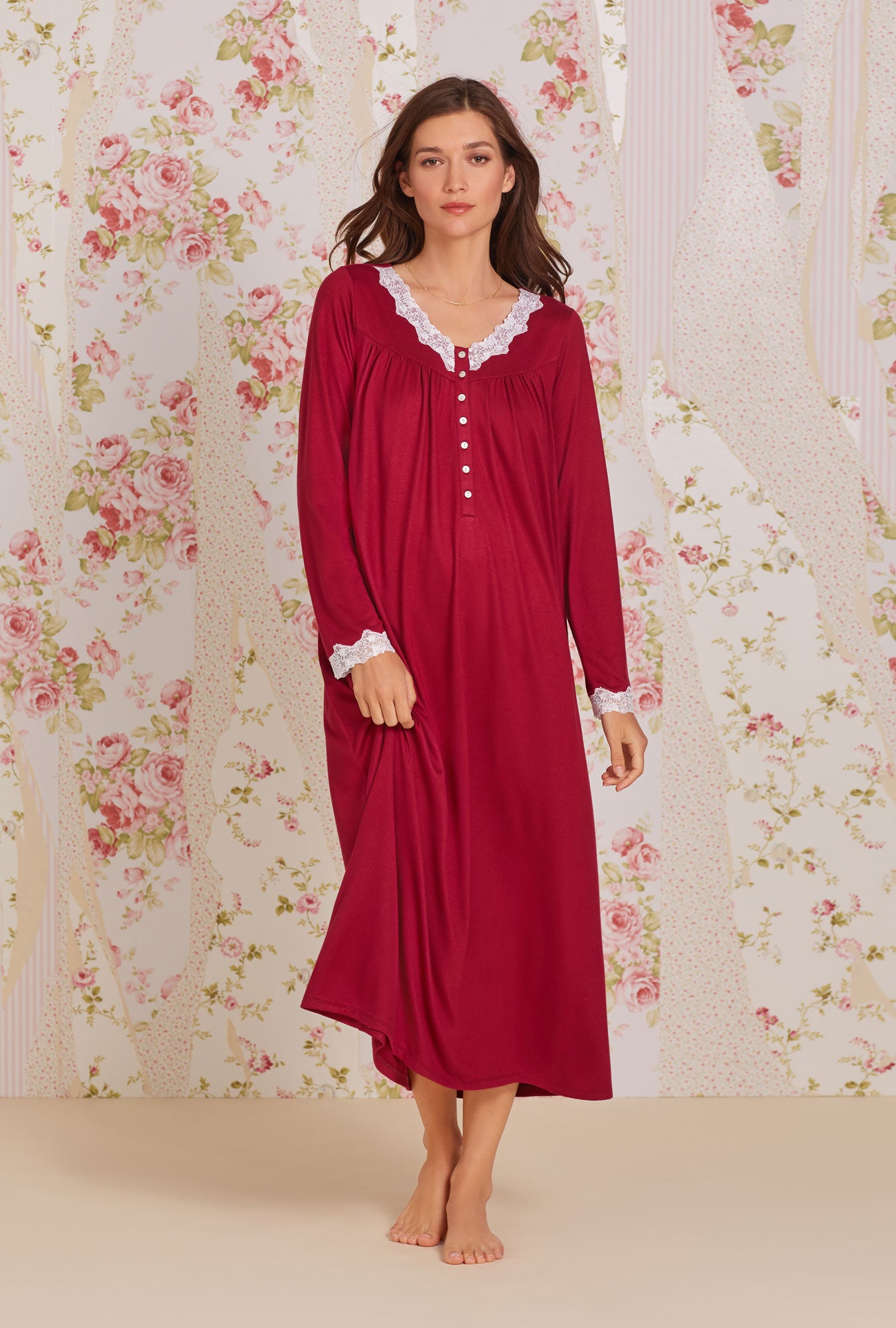 Dreamy Soft Knit Long Sleeve Nightgown for Women - Cozy Winter Sleepwear in Burgundy Red | Perfect for Cold Nights, Loungewear & Relaxing at Home