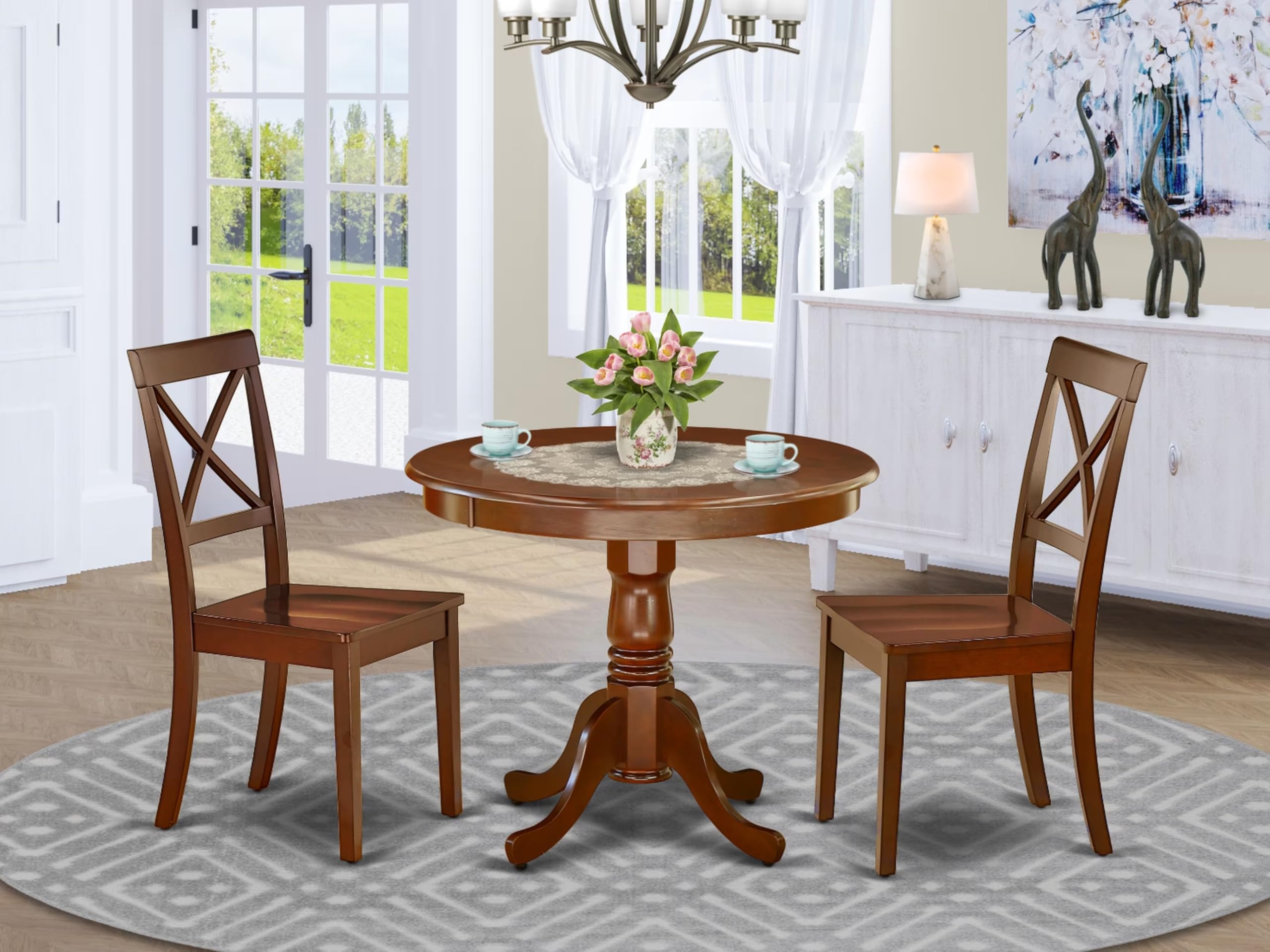 East West Furniture ANBO3-MAH-W 3 Piece Round Dining Set with Pedestal Table & 2 Chairs - 36x36 Inch Mahogany Kitchen Table for Small Spaces, Breakfast Nooks & Cozy Apartments
