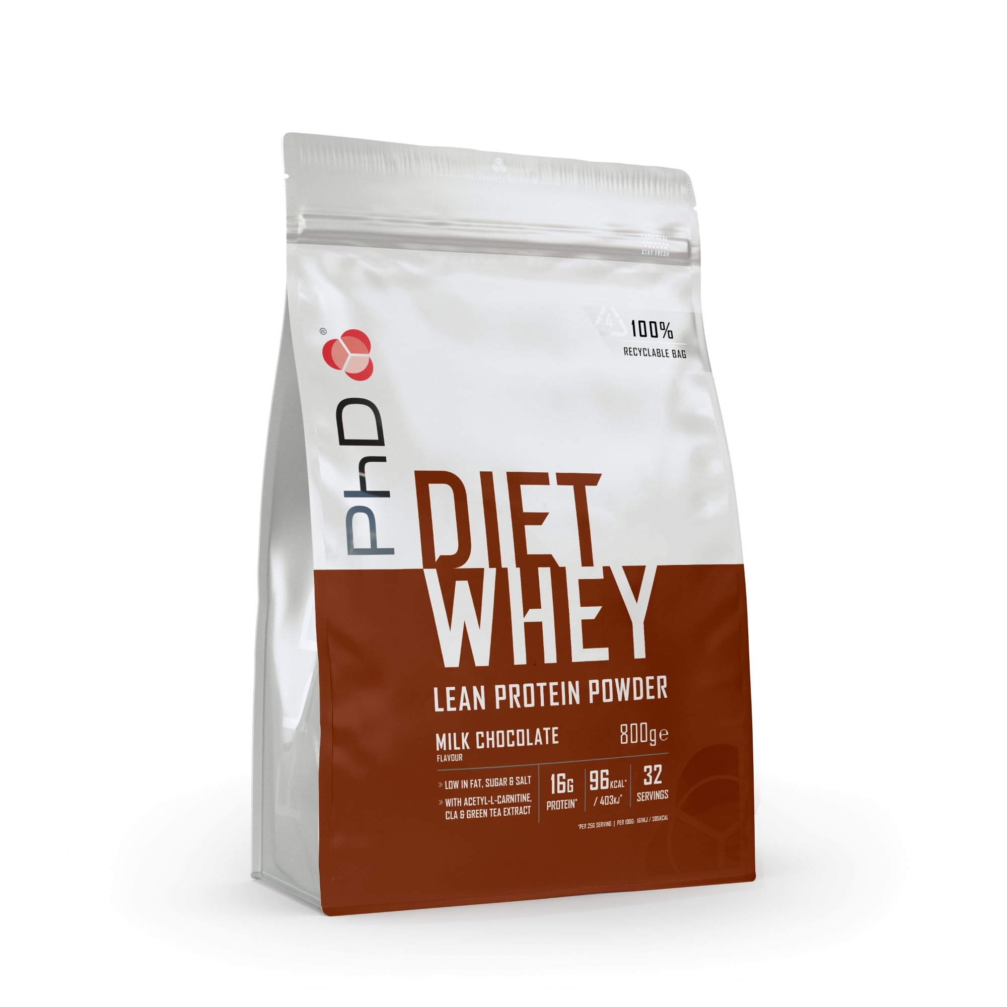 PhD Nutrition Diet Whey Low Calorie Protein Powder - High Protein, Low Carb Lean Matrix for Weight Loss & Muscle Gain | Milk Chocolate Flavor | 32 Servings (800g) | Perfect for Post-Workout Recovery & Healthy Meal Replacement