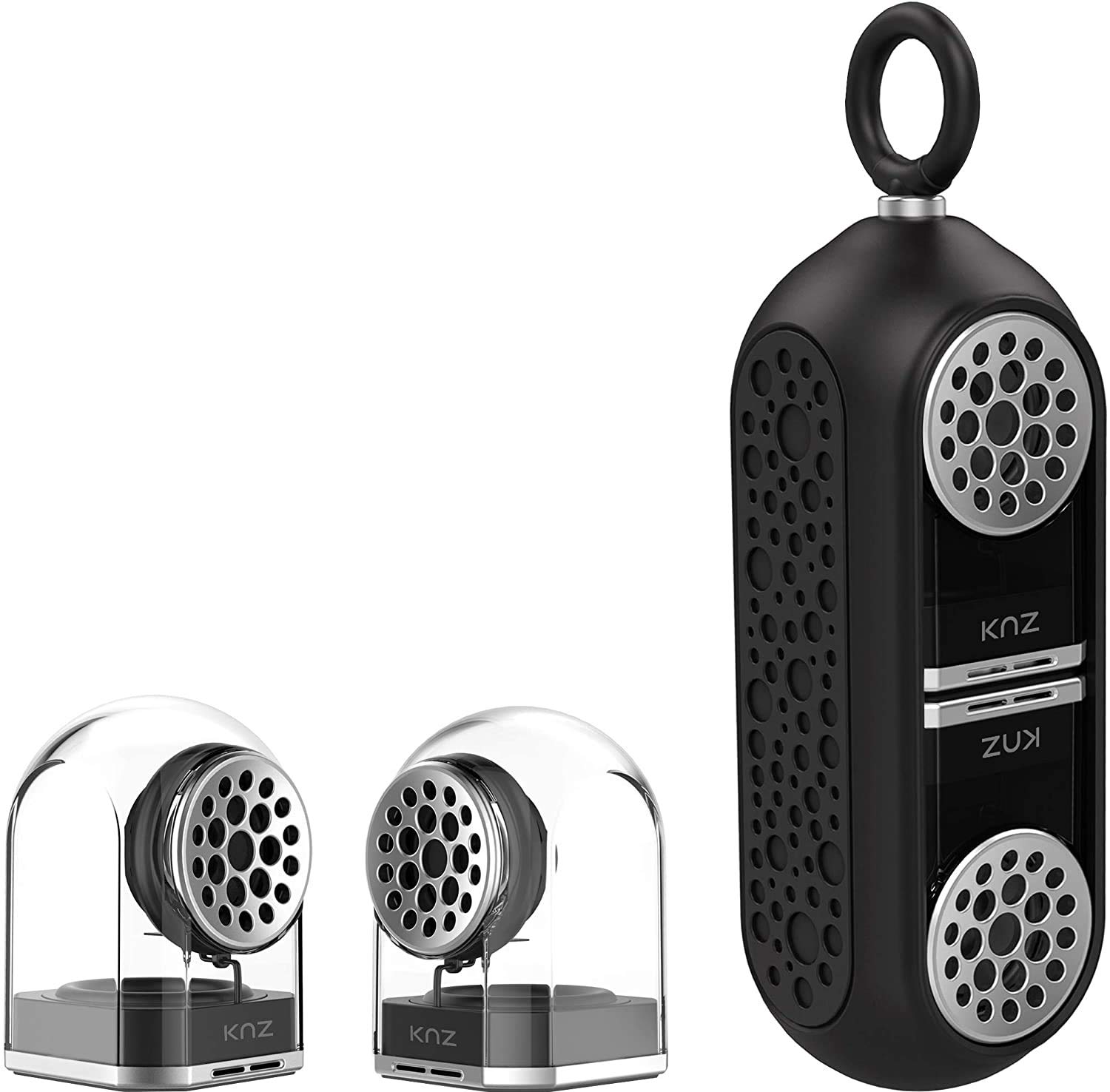 KNZ GoDuo Wireless Bluetooth Speakers - Magnetic Connectable Base, True Stereo Sound with Deep Bass, IPX7 Waterproof & Shockproof, 18-Hour Playtime, Built-in Mic, Includes Protective Case (Black) - Perfect for Outdoor Adventures, Pool Parties & Travel