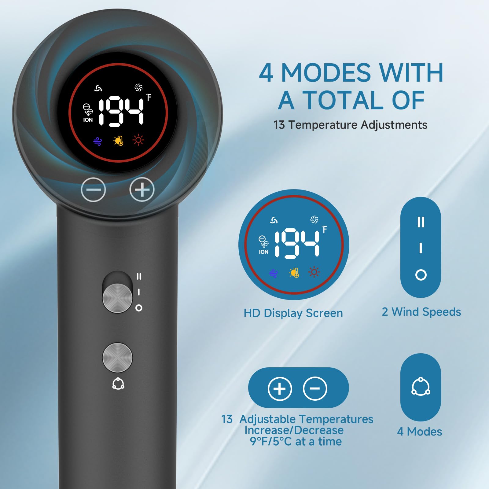 TanSon 1600W Professional Ionic Hair Dryer with Diffuser - Fast Drying, Thermo-Control Technology, Low Noise, Compact & Lightweight for Salon, Home & Travel Use (Grey) - Perfect for Styling, Volume & Healthy Hair Care