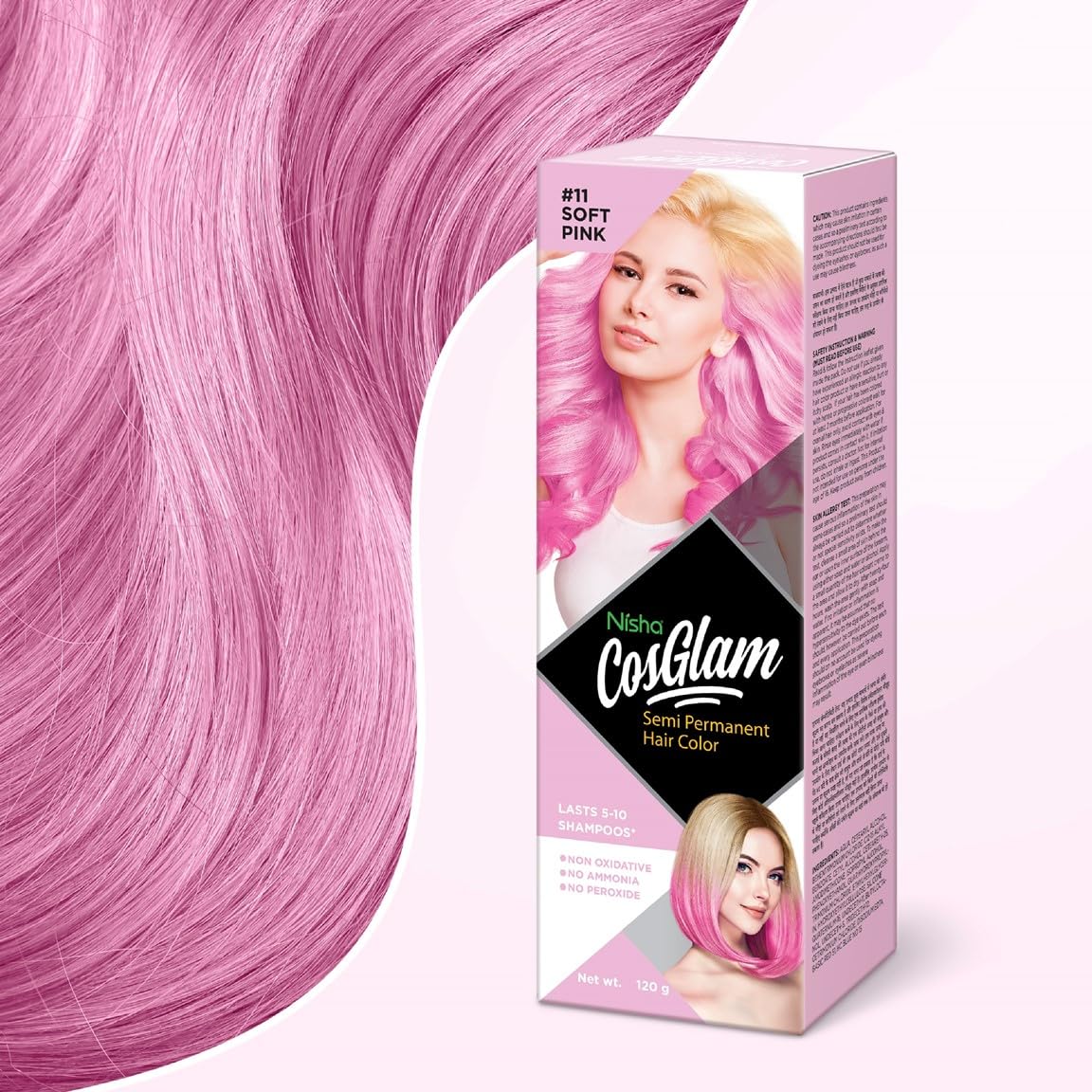 Nisha Cosglam Semi-Permanent Vegan Hair Dye - Ammonia & Peroxide Free Conditioning Color for Men & Women - 120g #11 Soft Pink (Light Pink) - Lasting Glossy Highlights for Everyday Style & Special Occasions