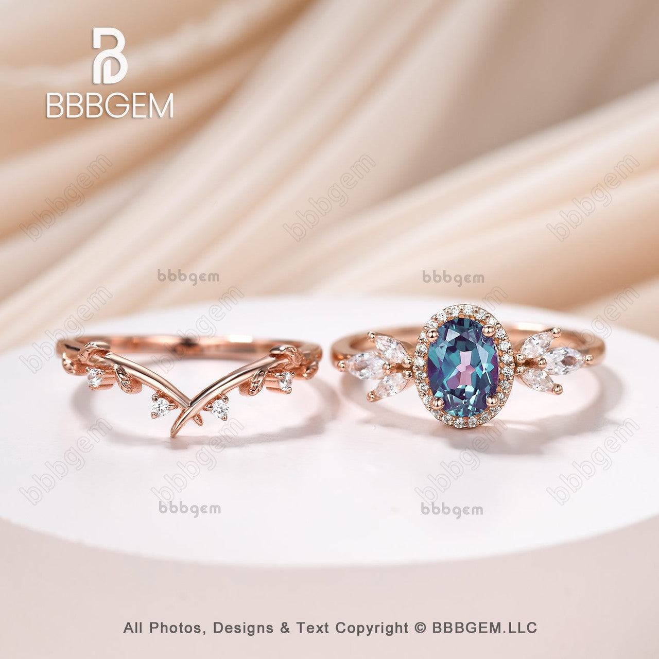 Exquisite Oval Halo Alexandrite & Marquise Moissanite Engagement Ring Set with Leaf Side Stones | Perfect for Proposals, Anniversaries & Special Occasions