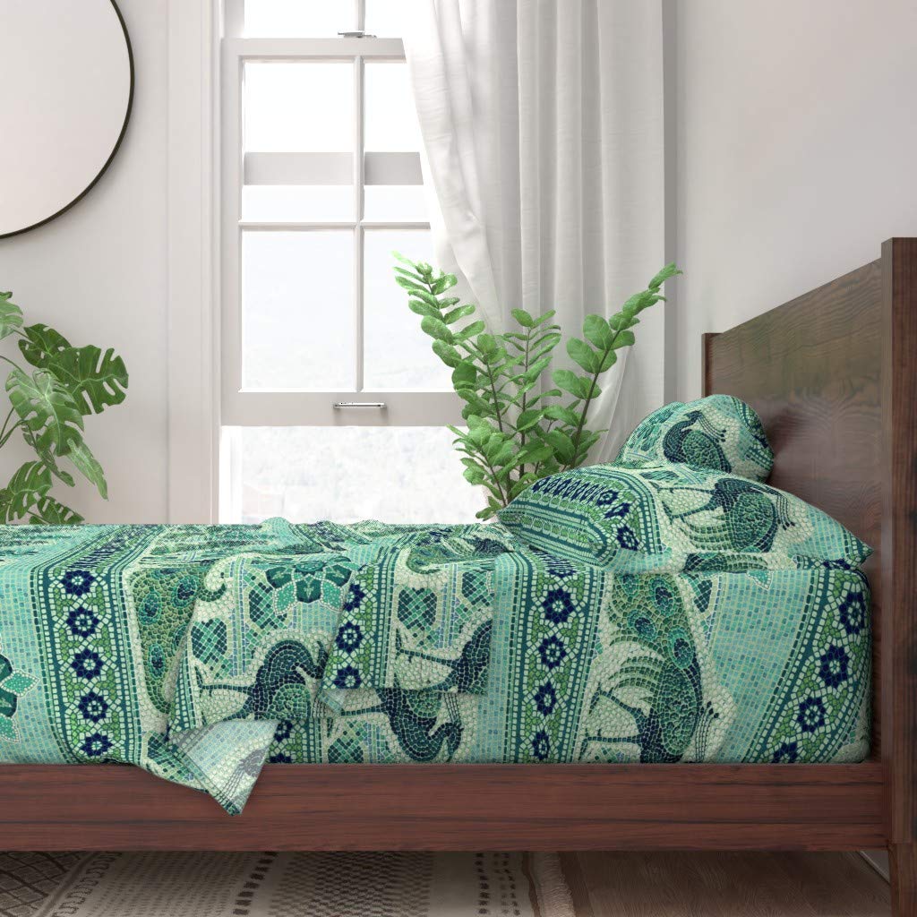 Peacock Mosaic Exotic Bird Print 100% Cotton Twin Sheet Set (3-Piece) | Green Blue Emerald Animal Pattern Bedding | Perfect for Boho Chic, Tropical & Eclectic Bedroom Decor