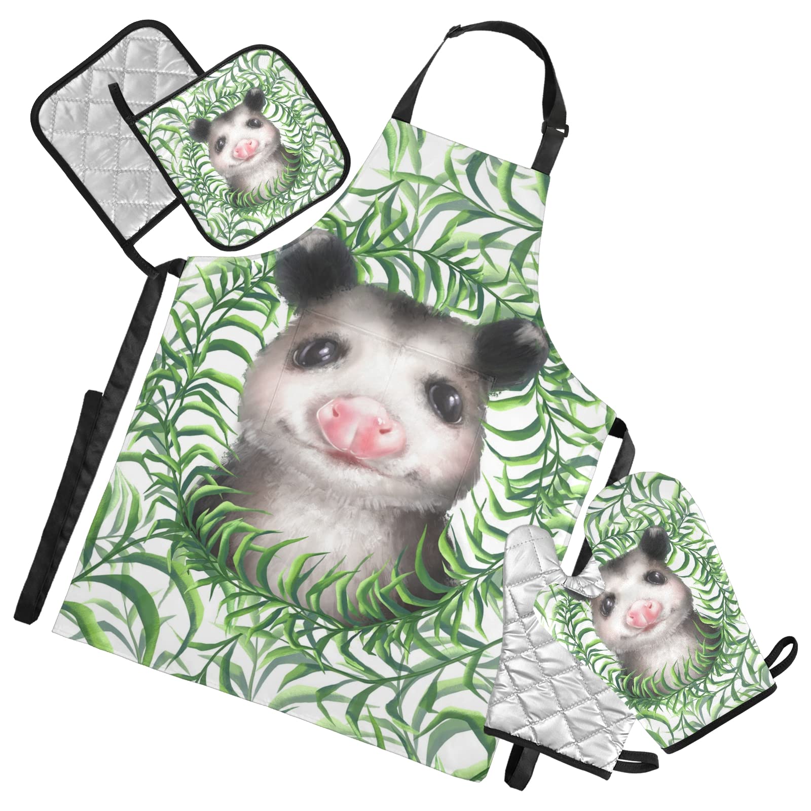 Heat-Resistant 5-Piece Kitchen Set - Insulated Oven Mitts, Pot Holder, Apron & Mat for Baking, Grilling & Cooking | Baby Opossums Green Grass Design | Microwave Safe & Heat Protection for Home Chefs