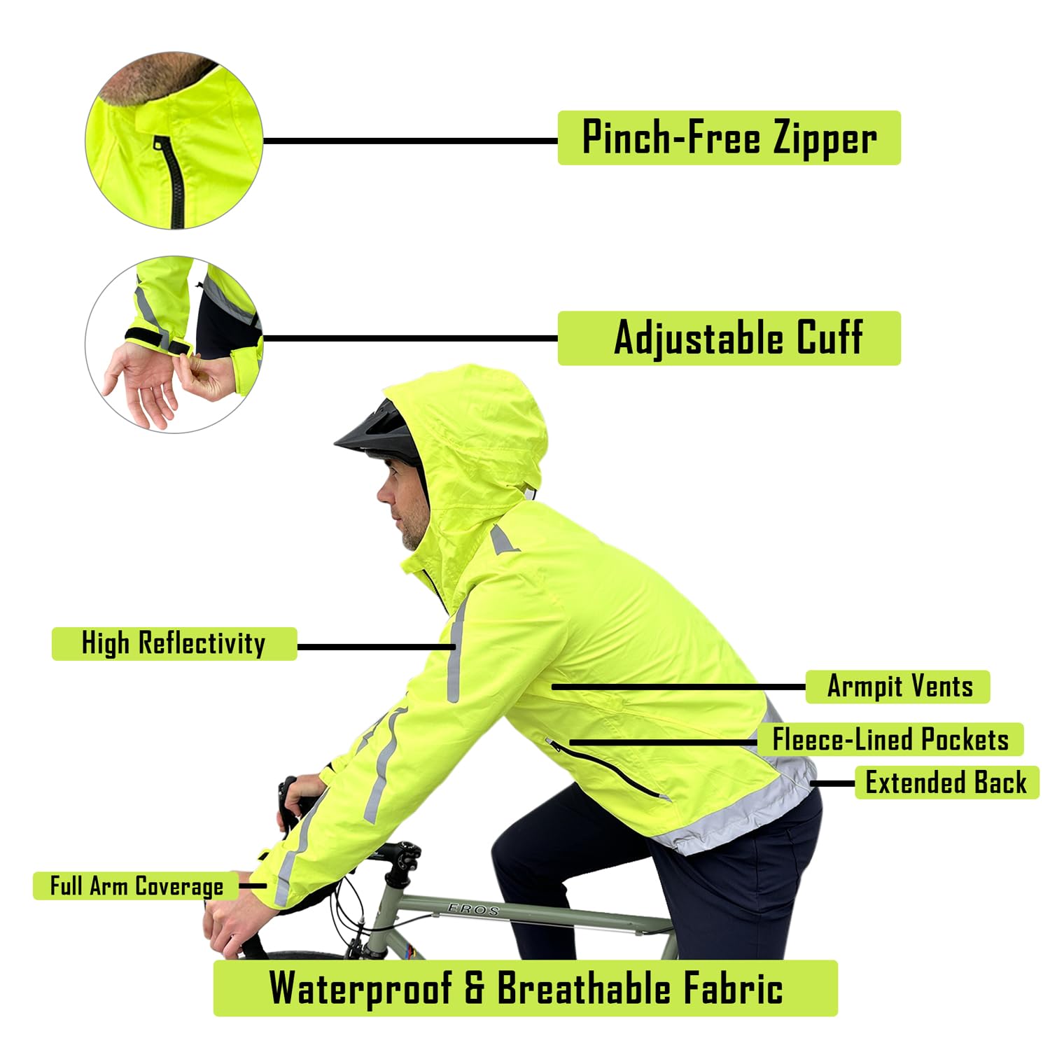 High-Visibility Reflective Rain Jacket with Adjustable Hood & Pit Vents - Waterproof Windbreaker for Running, Cycling & Outdoor Safety (Fluorescent Yellow) - Perfect for Night Jogging, Commuting & Stormy Weather