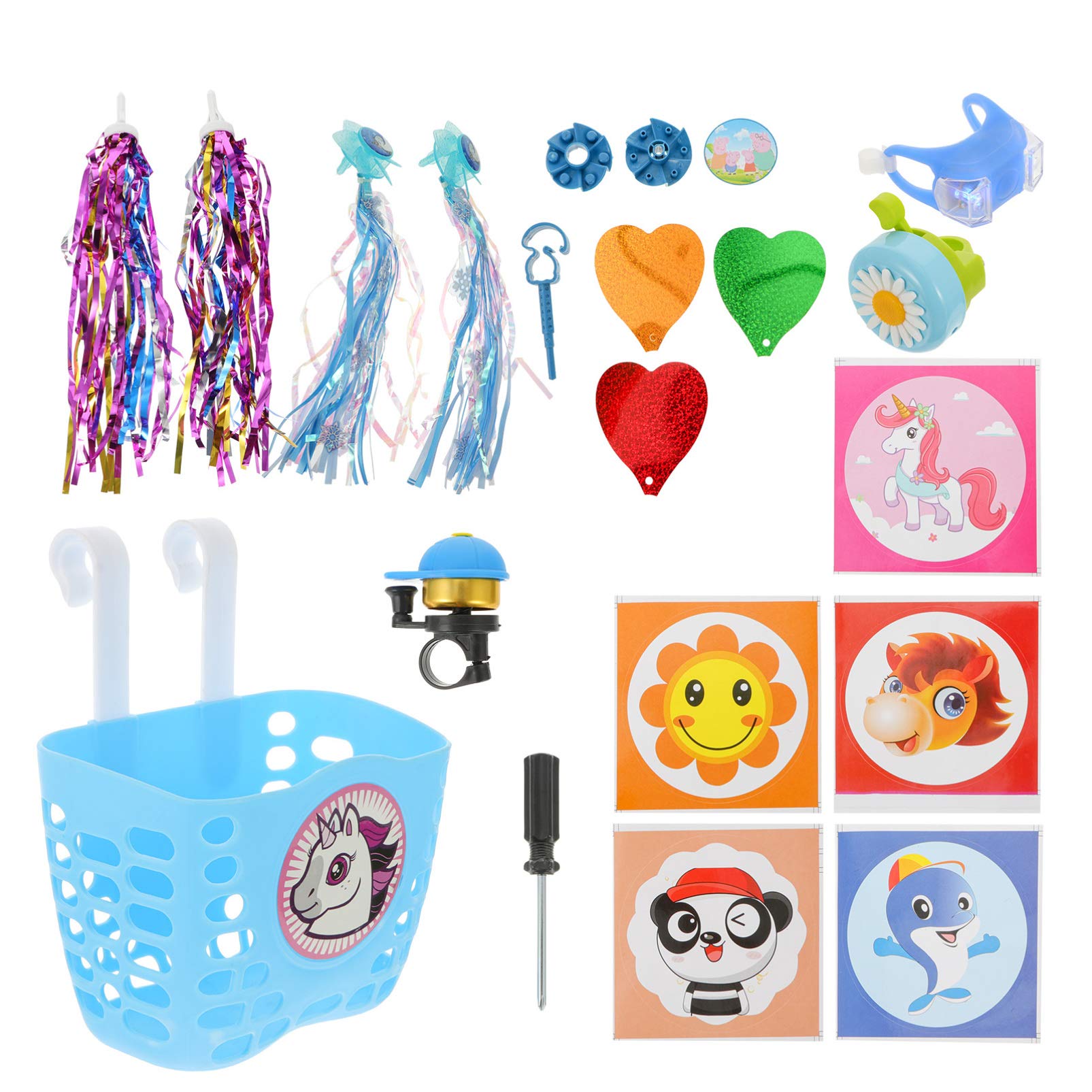 Amosfun Unicorn Bike Decoration Kit for Kids - Cartoon Bike Basket, Bells & Streamers - Blue Bike Accessories for Toddlers & Children | Perfect for Birthday Gifts & Outdoor Cycling Fun