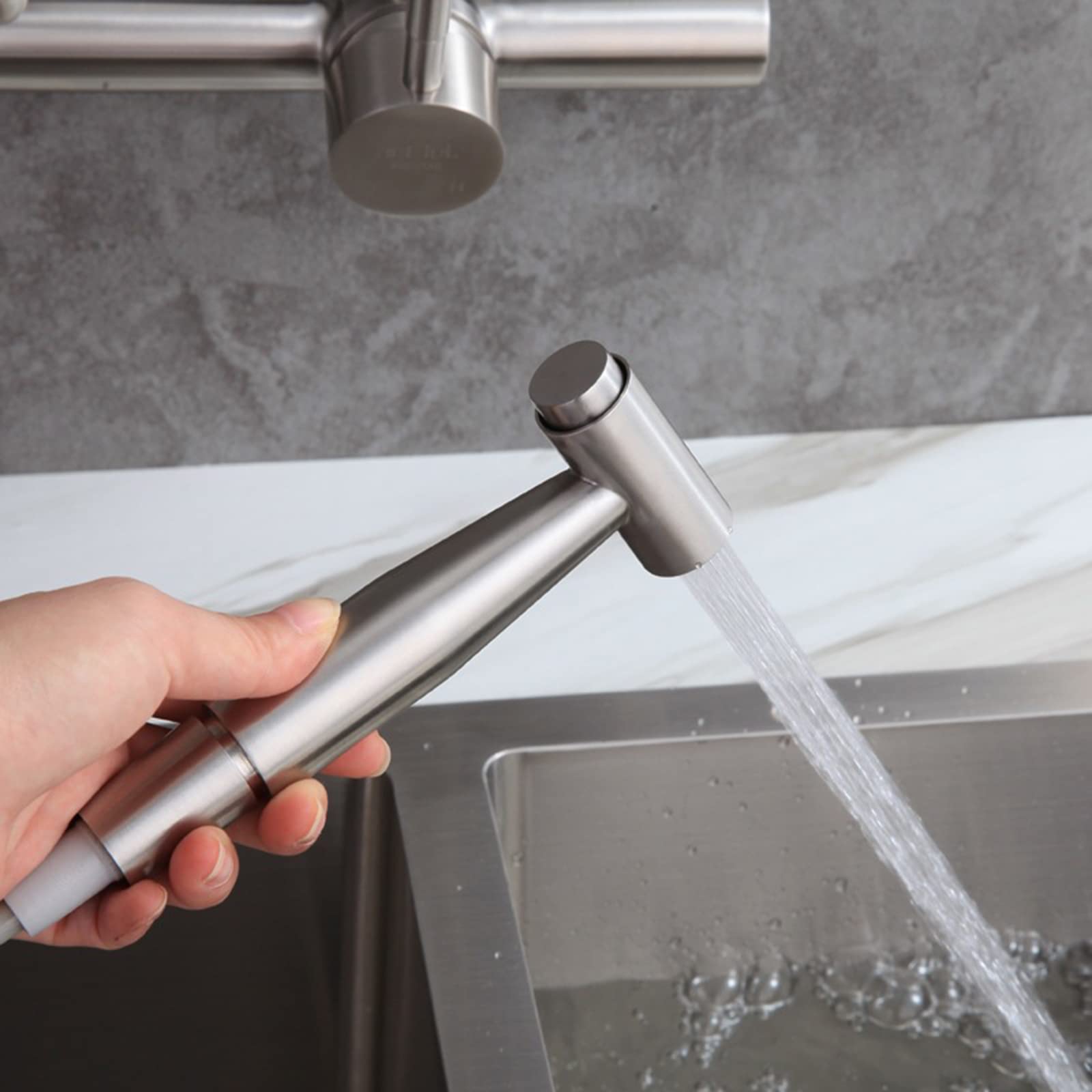Commercial Grade 360° Swivel Brushed Stainless Steel Kitchen Faucet with Pull Down Sprayer - Wall Mount Double Hole Hot & Cold Water Mixer Tap - Dual Mode Spout for Restaurant & Home Kitchen Sink
