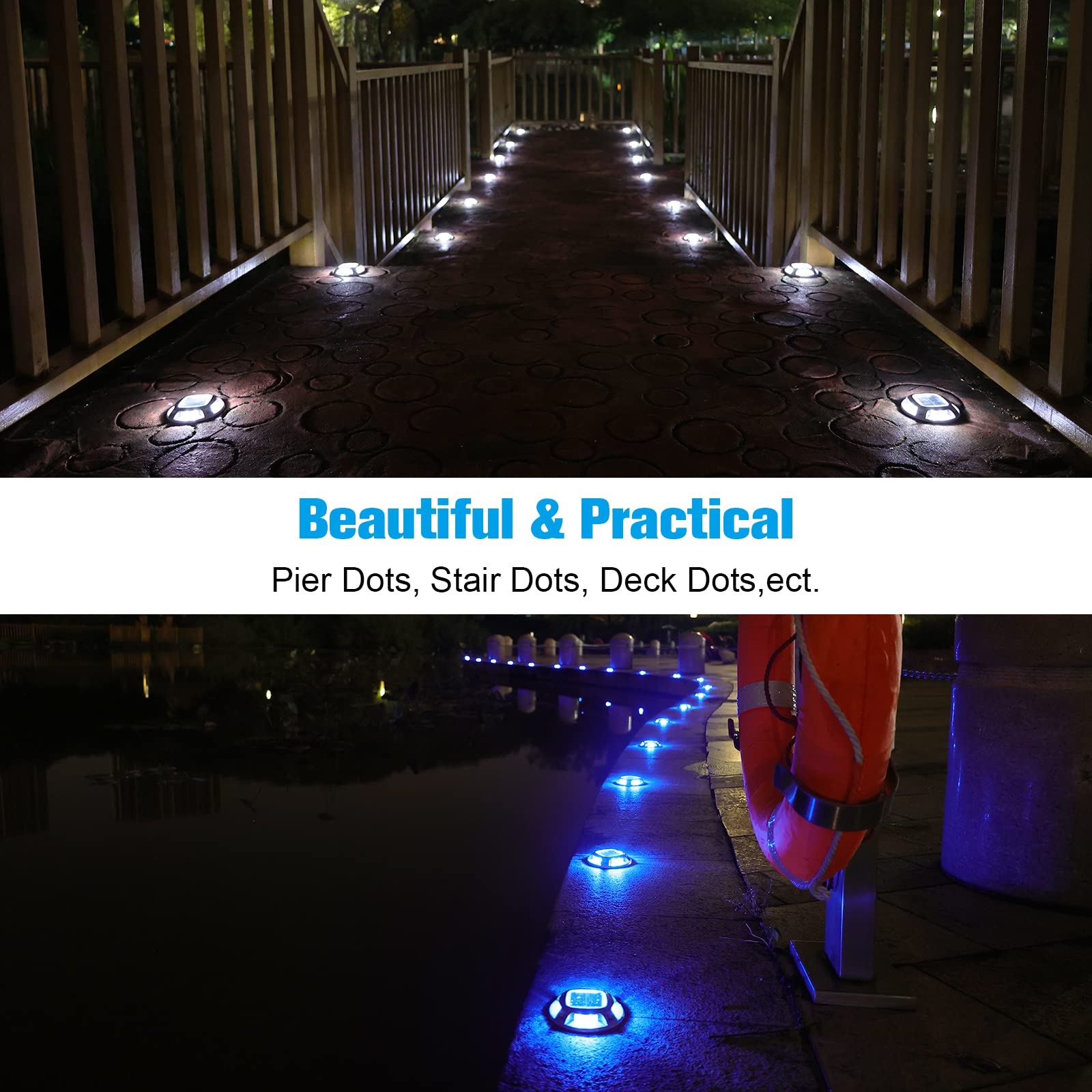 VOLISUN 8-Pack Solar Powered Outdoor LED Pathway Lights - Waterproof Marine Deck Lights with White/Blue Dual Colors for Driveway, Dock, Sidewalk, Garden & Landscape Lighting