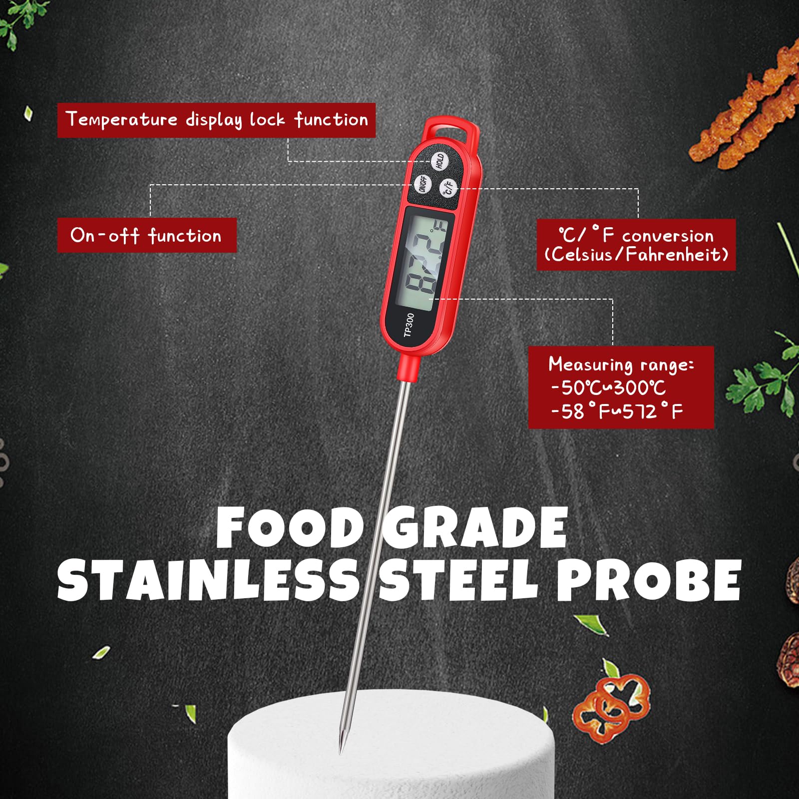 Digital Meat Thermometer with Probe - Instant Read Food Thermometer for Cooking, BBQ, Grilling, Milk & Yogurt - Waterproof Kitchen Thermometer (Red) - Perfect for Grilling, Baking, Roasting & Food Safety Checks