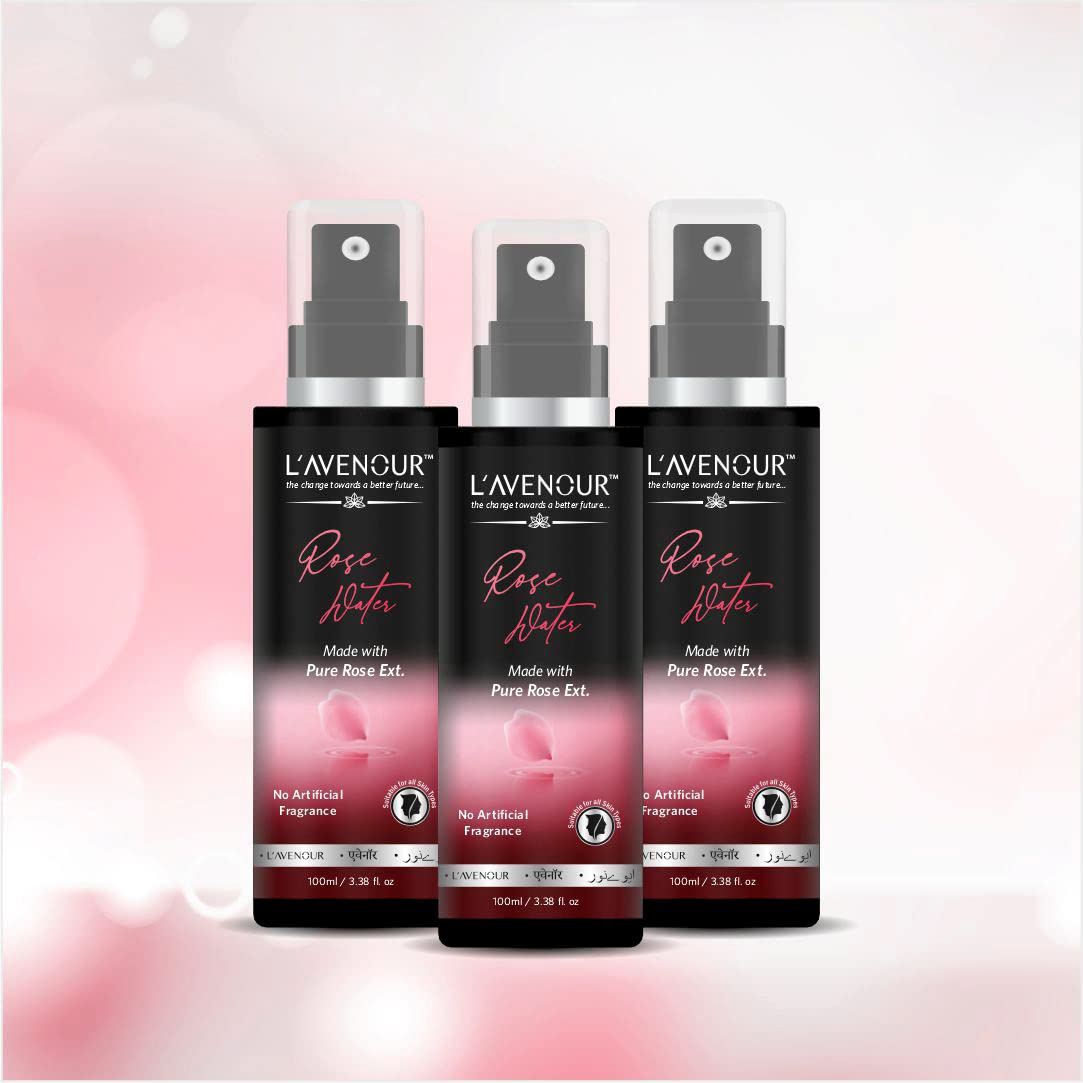 L'avenour Pure Steam Distilled Rose Water for Face & Skin | 100% Natural Rose Toner for All Skin Types - Men & Women | No Artificial Fragrance | Hydrating & Soothing | Perfect for Daily Skincare, Makeup Setting & After Sun Care | 100ml (Pack of 3)