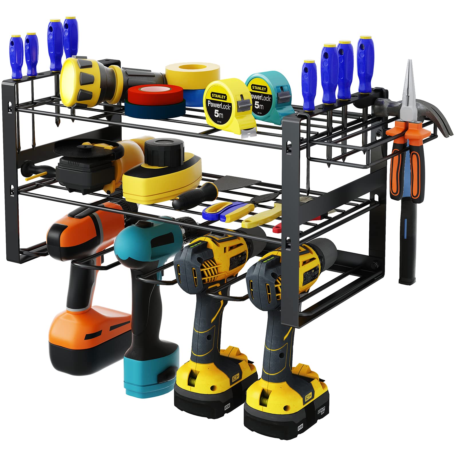 Heavy Duty 3-Tier Metal Floating Tool Shelf - Wall Mounted Garage Organizer for Power Tools, Cordless Drills & Screwdrivers | Perfect for Workshop, DIY Projects & Charging Station Storage
