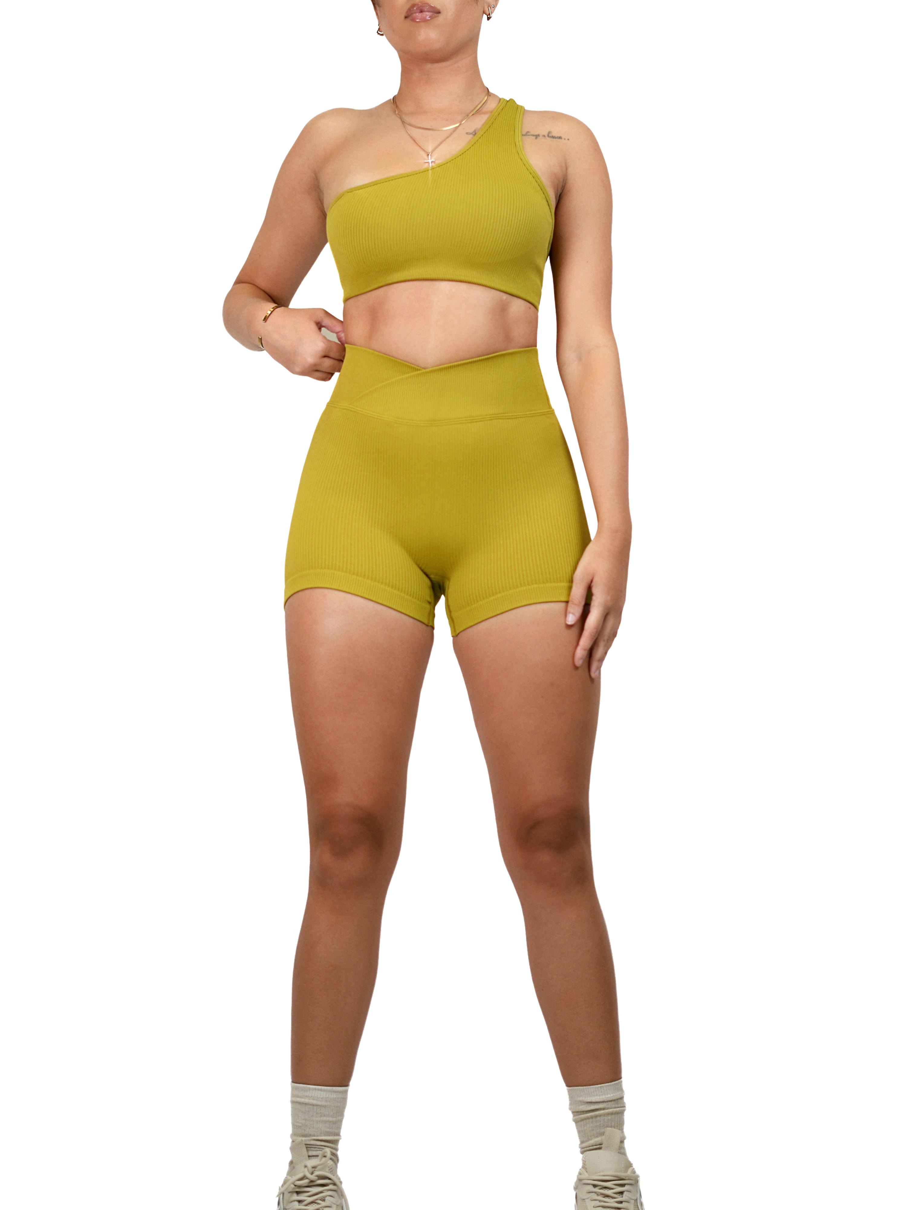 Ribbed Booty V Shorts for Women - High Waisted Yoga Shorts, Workout Shorts, Gym Shorts (Autumn Green) - Perfect for Yoga, Running, Fitness & Lounge Wear