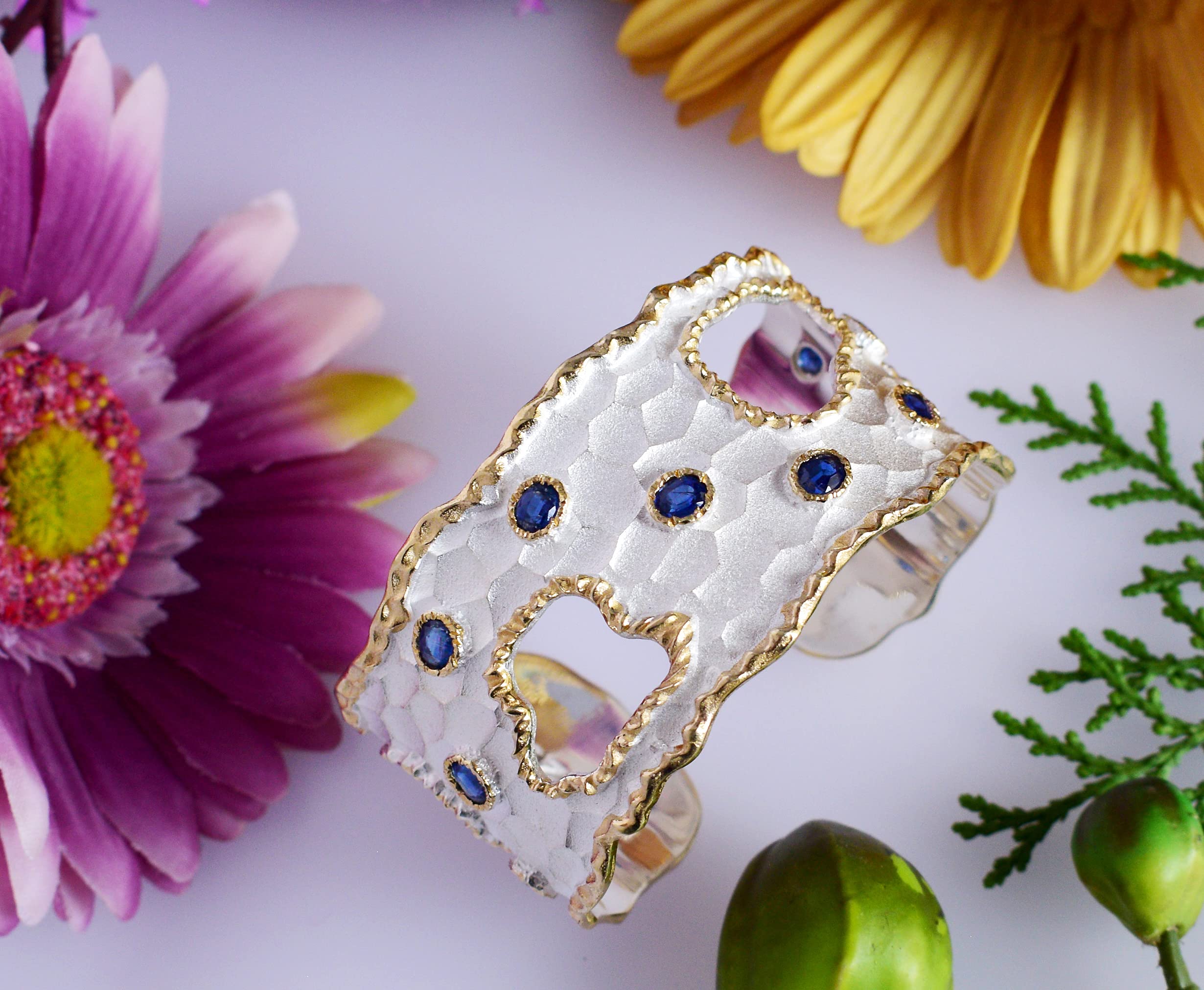 Kyanite & CZ Gemstone 925 Sterling Silver Cuff Bangle - Handmade Jewelry Gift for Women, Elegant Bracelet for Birthday, Anniversary & Special Occasions