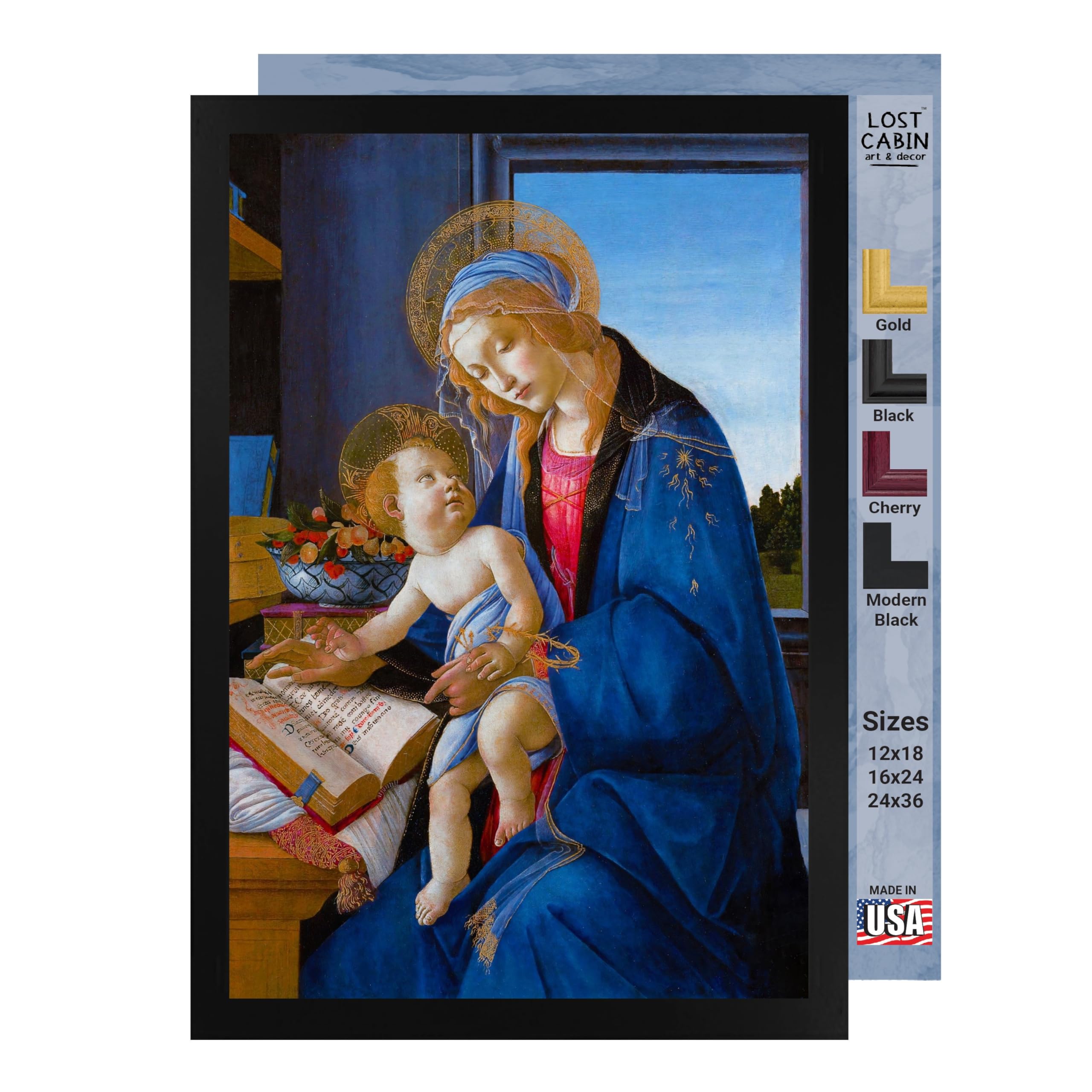 Sandro Botticelli Madonna of The Book Canvas Art Print - 16x24 Inch Framed Wall Decor (18x26 Frame) - Renaissance Fine Art Reproduction for Living Room, Bedroom & Office