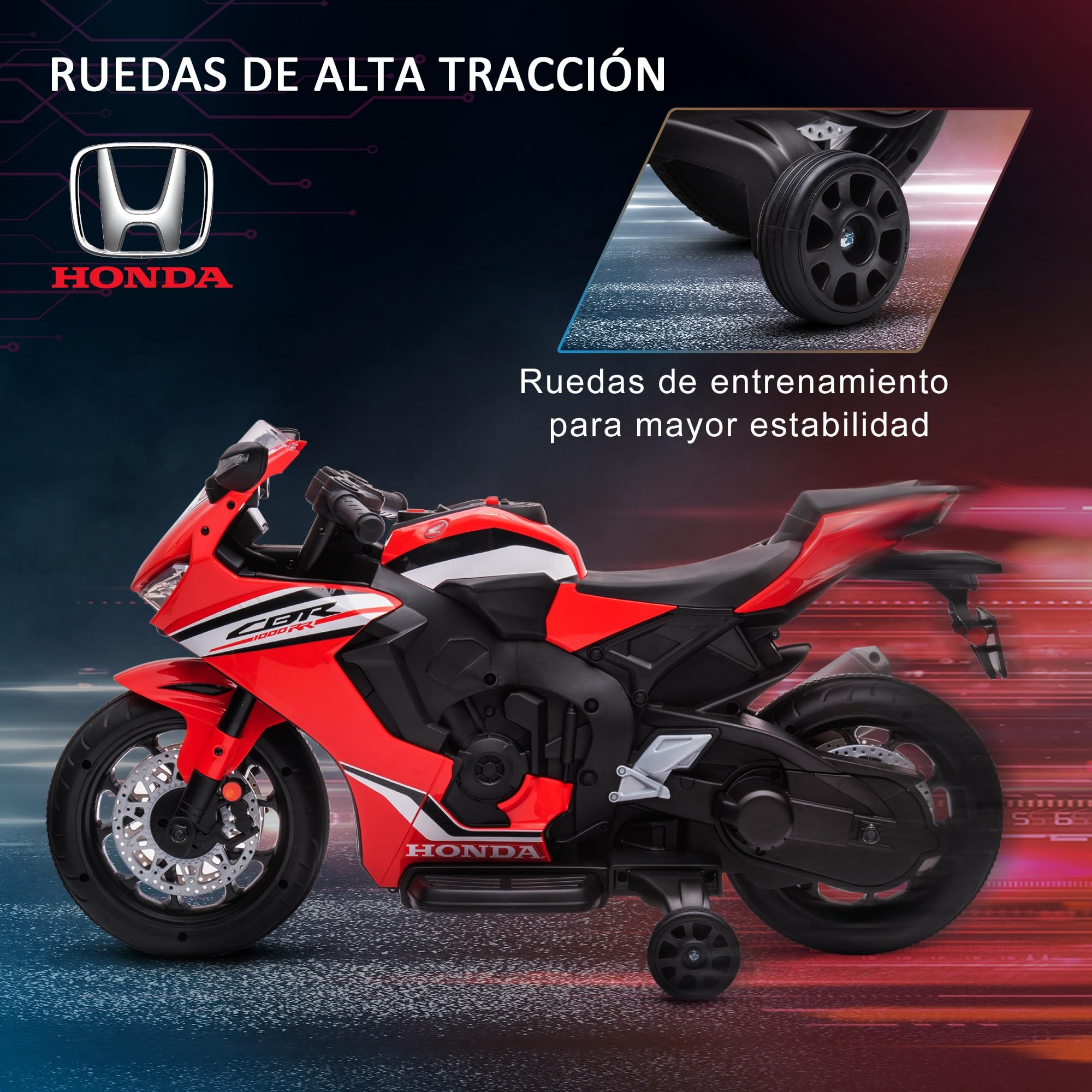 HOMCOM Licensed Honda-Style Electric Motorcycle for Kids 3-5 Years | 6V Battery-Powered Ride-On Toy with Headlight, Horn, Music & Removable Training Wheels | 30kg Weight Capacity 90x44x52cm | Red | Perfect for Birthday Gifts, Outdoor Play & Early Riding Skills Development