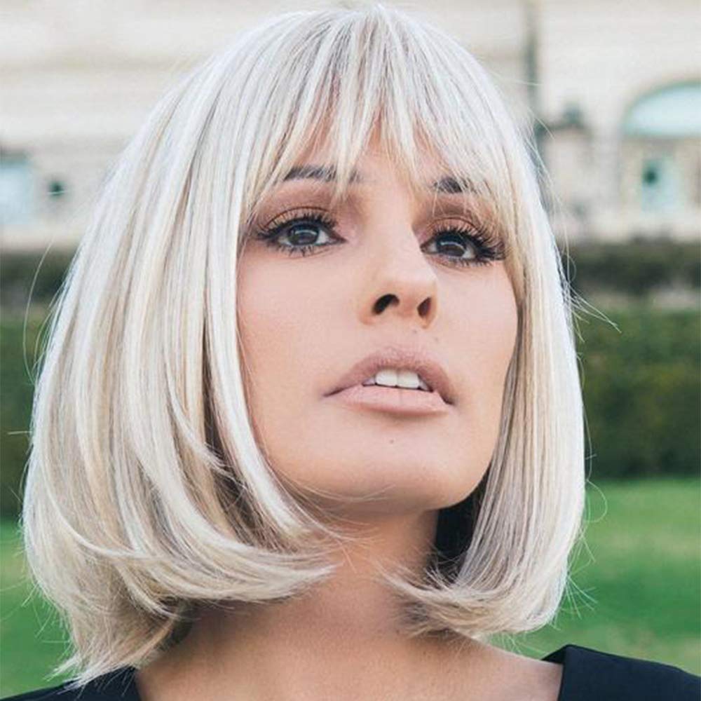 HAIRCUBE 12 Inch Blonde to White Ombre Bob Wig with Bangs - Heat Resistant Synthetic Hair for Women | Cosplay, Costume Parties & Daily Fashion