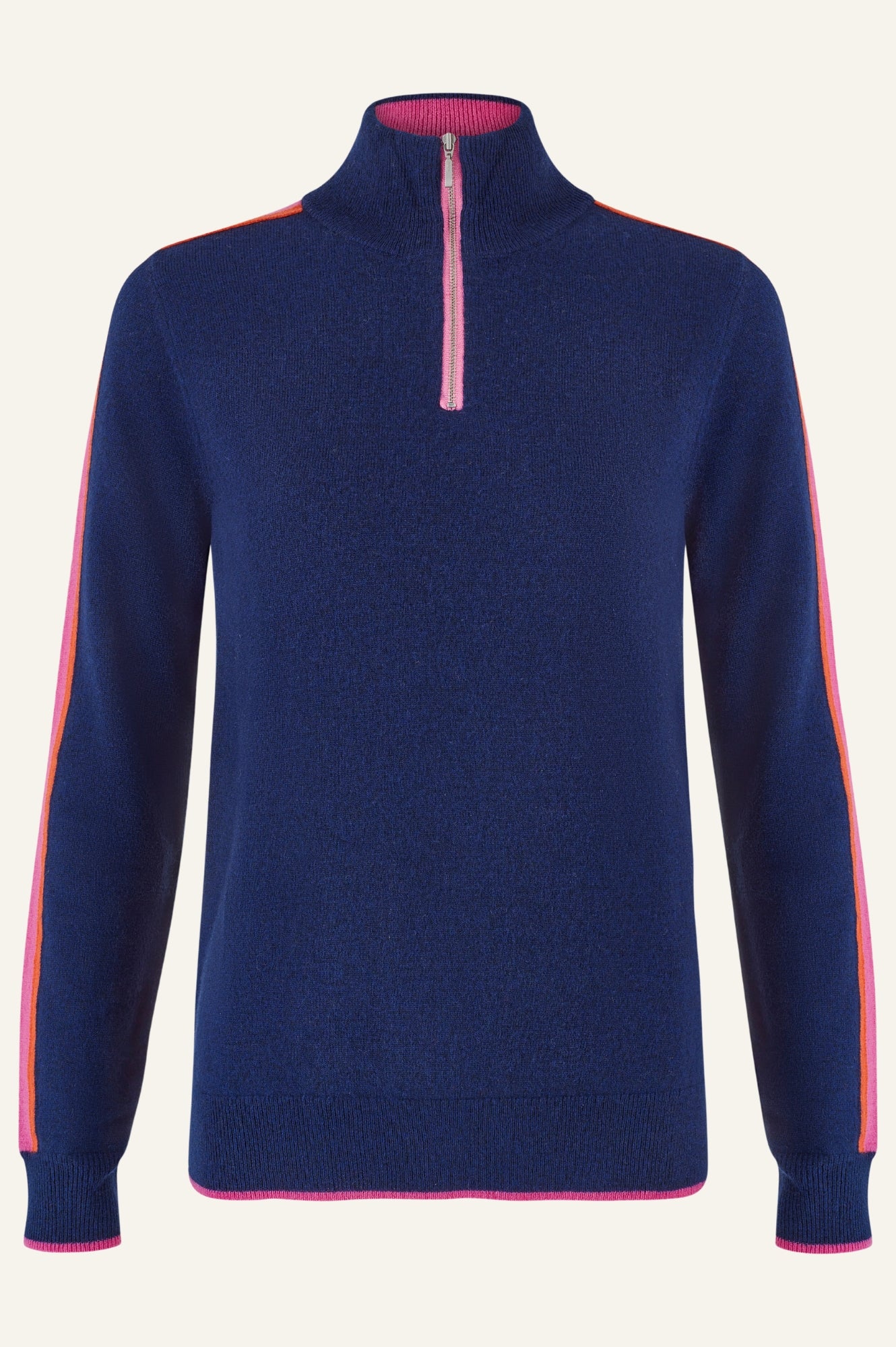 Premium Merino Wool Quarter Zip Sweater for Men & Women - Navy, Pink, Orange Stripes | Cozy & Breathable for Outdoor Hiking, Travel & Casual Wear