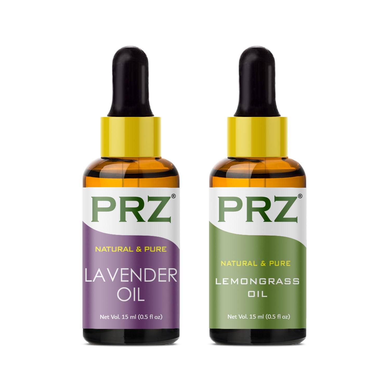 PRZ Lavender & Lemongrass Essential Oil Set - 100% Pure Natural Therapeutic Grade Aromatherapy Oils for Relaxation, Massage, Skin & Hair Care (15mL Each) - Perfect for Diffusers, Baths & DIY Beauty Products