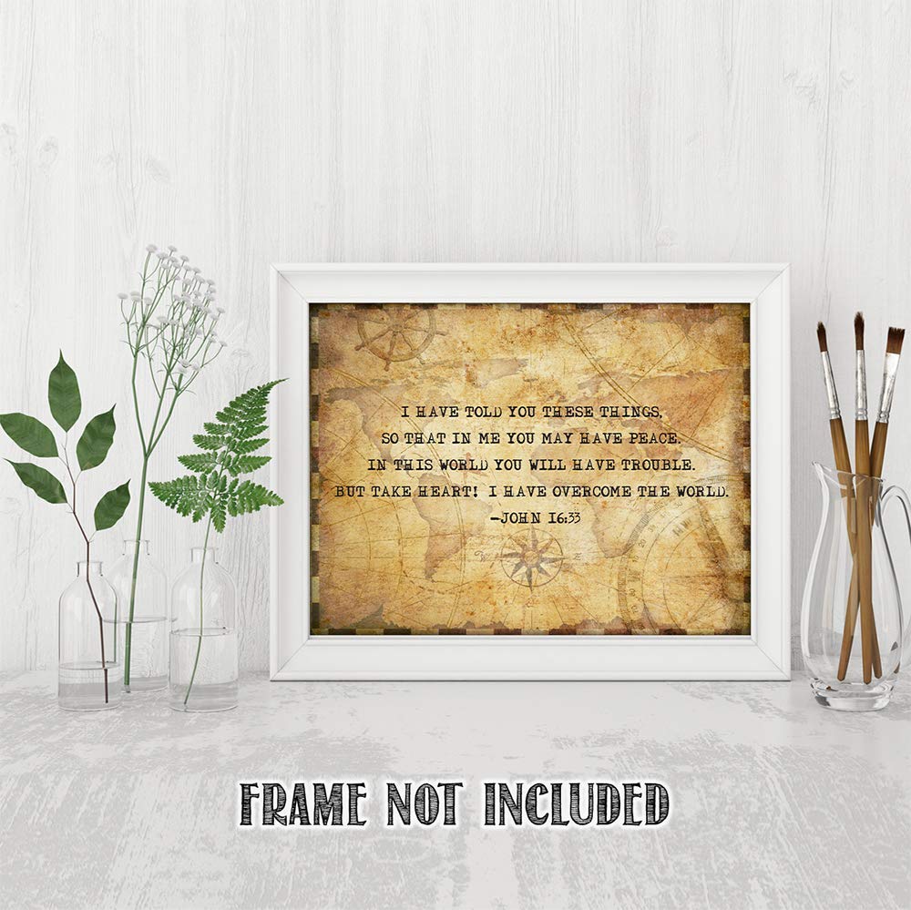 Inspiring John 16:33 Bible Verse Wall Art - 11x14 Christian Scripture Print for Home Decor, Religious Gift for Women & Family - Perfect for Bedroom, Office & Church (Compass Design)